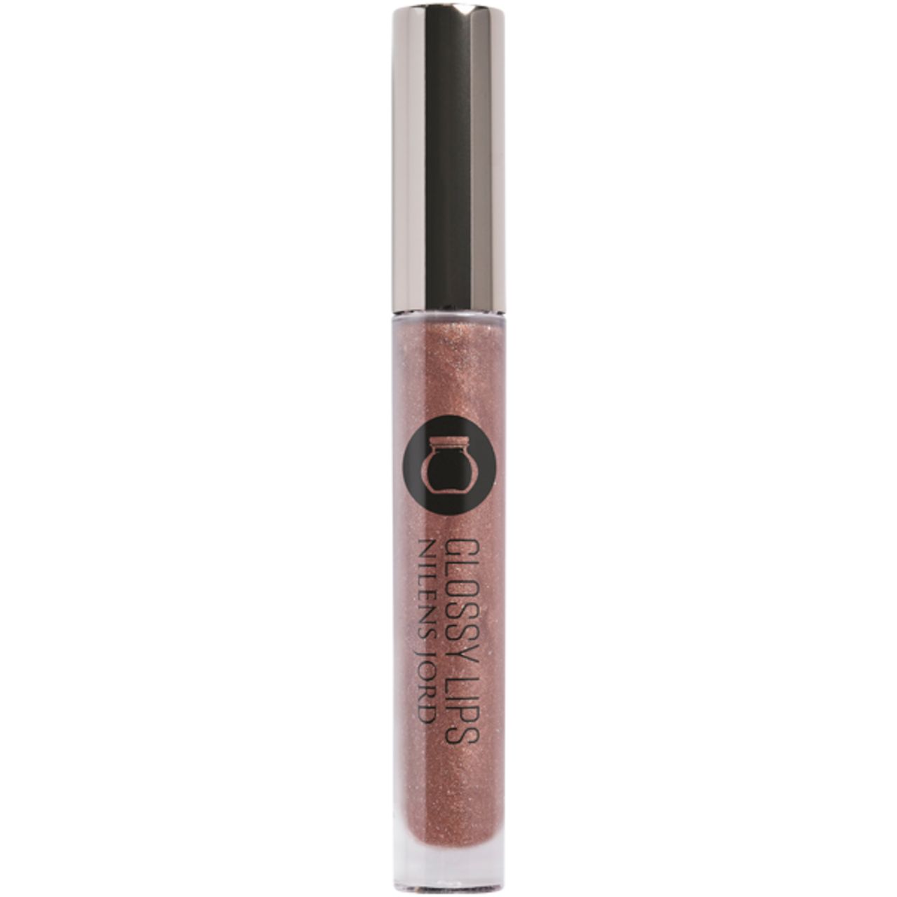 Glanz-Lippenprodukt in einer transparenten Tube mit silberfarbenem Deckel. Aufschrift: GLOSSY LIPS, NILENS JORD.