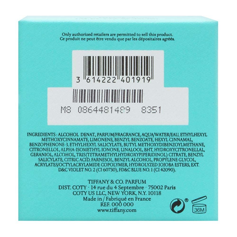 Rückseite der türkisfarbenen Schachtel. Barcode, Inhaltsstoffe, Herstelleradresse, und Website-Adresse: www.tiffany.com.