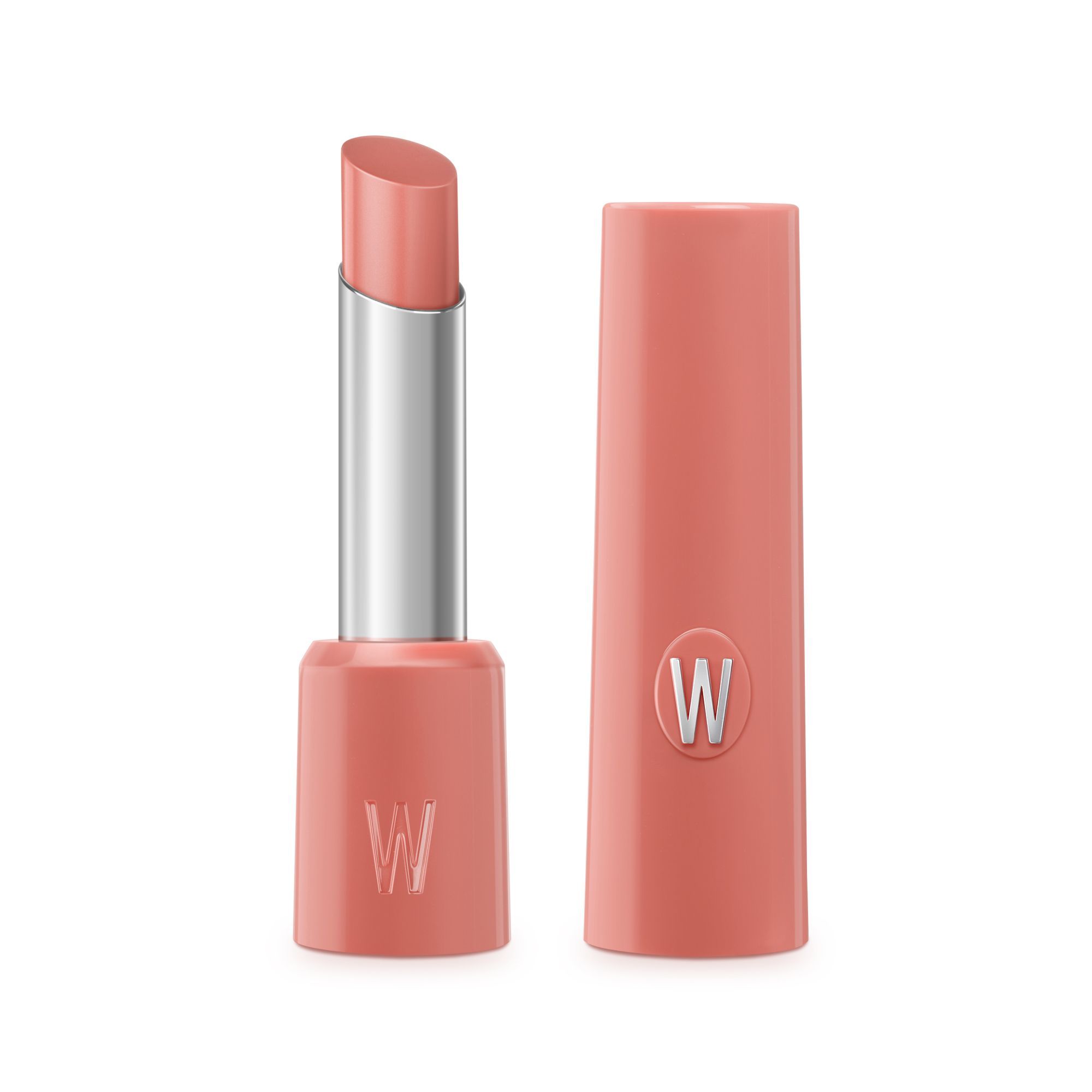 Rossetto color pesca aperto, con astuccio argentato e cappuccio con logo 'W'.