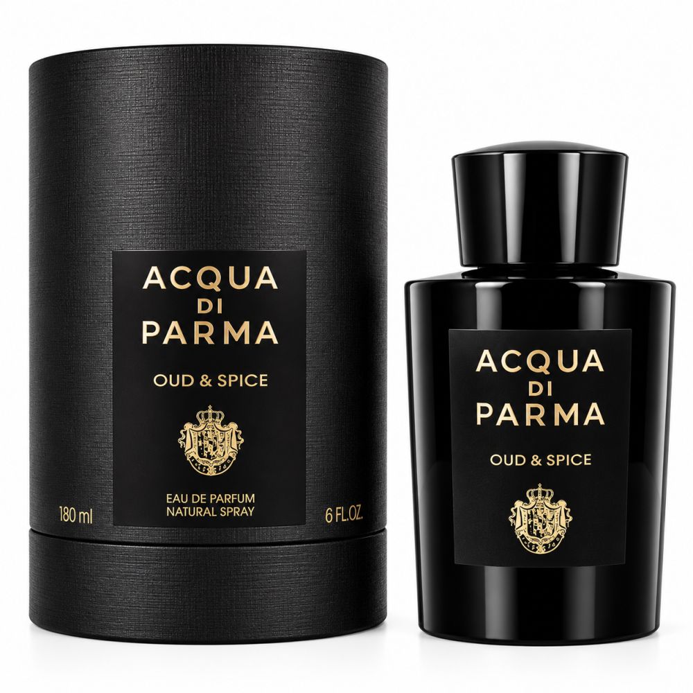 Acqua di Parma Oud & Spice Eau de Parfum Flakon und schwarzer Zylinder-Umkarton.