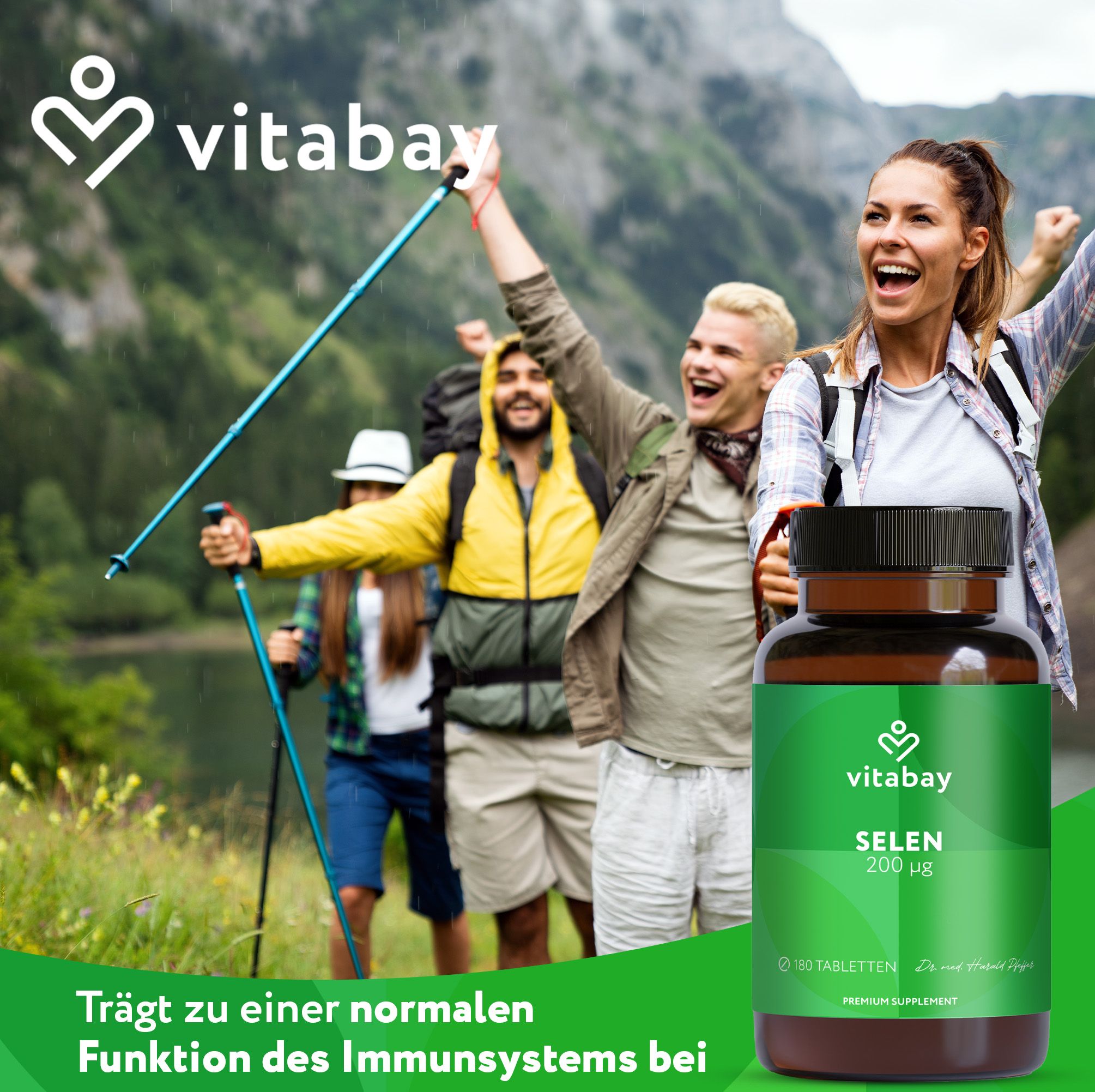 Wanderer mit Flasche. Text: Trägt zu einer normalen Funktion des Immunsystems bei. Flasche: Selen 200 µg. Marke: Vitabay.