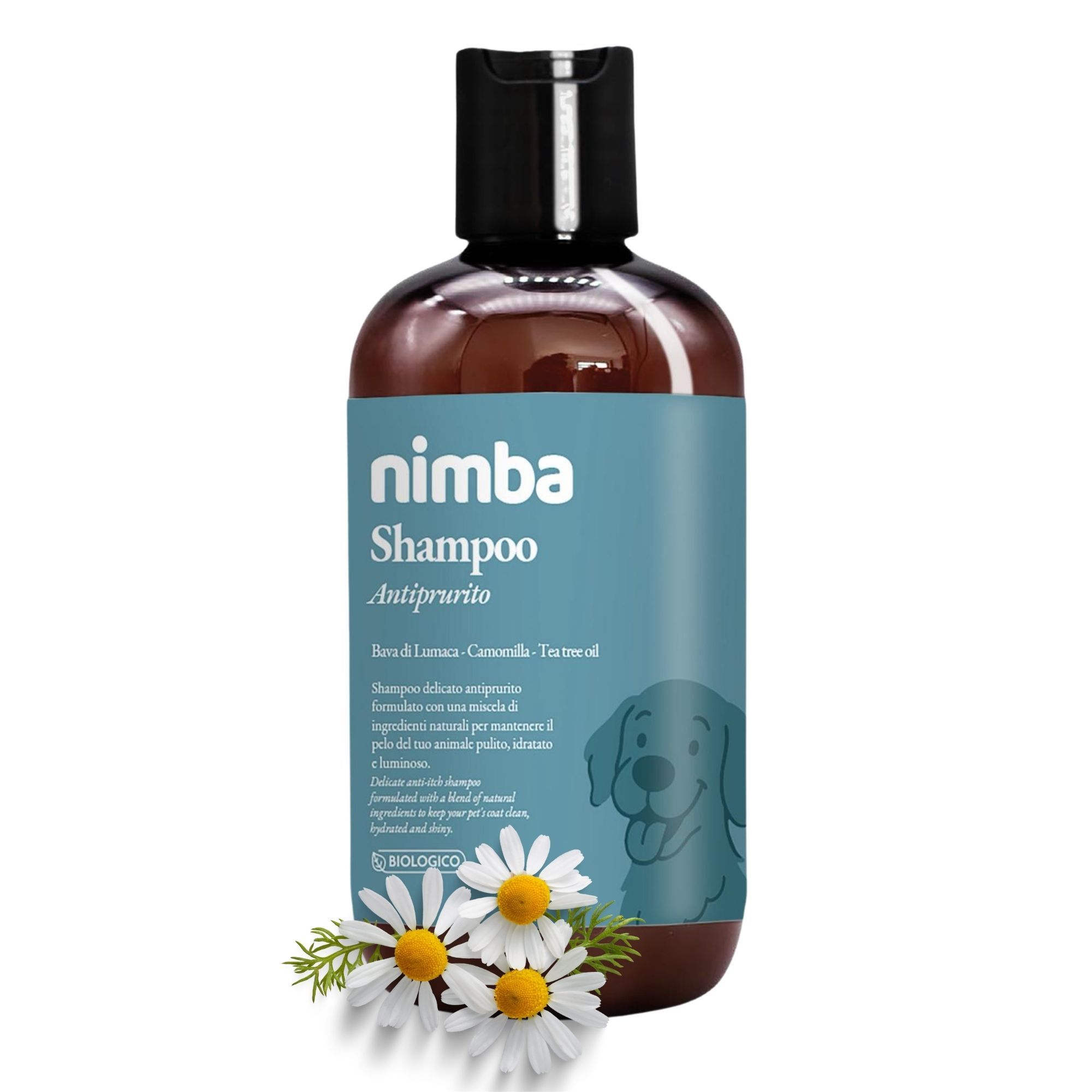 Braune Flasche Nimba Shampoo Antiprurito für Hunde. Blaues Etikett mit Produktnamen, Kamille und Hund. Schwarzer Deckel.
