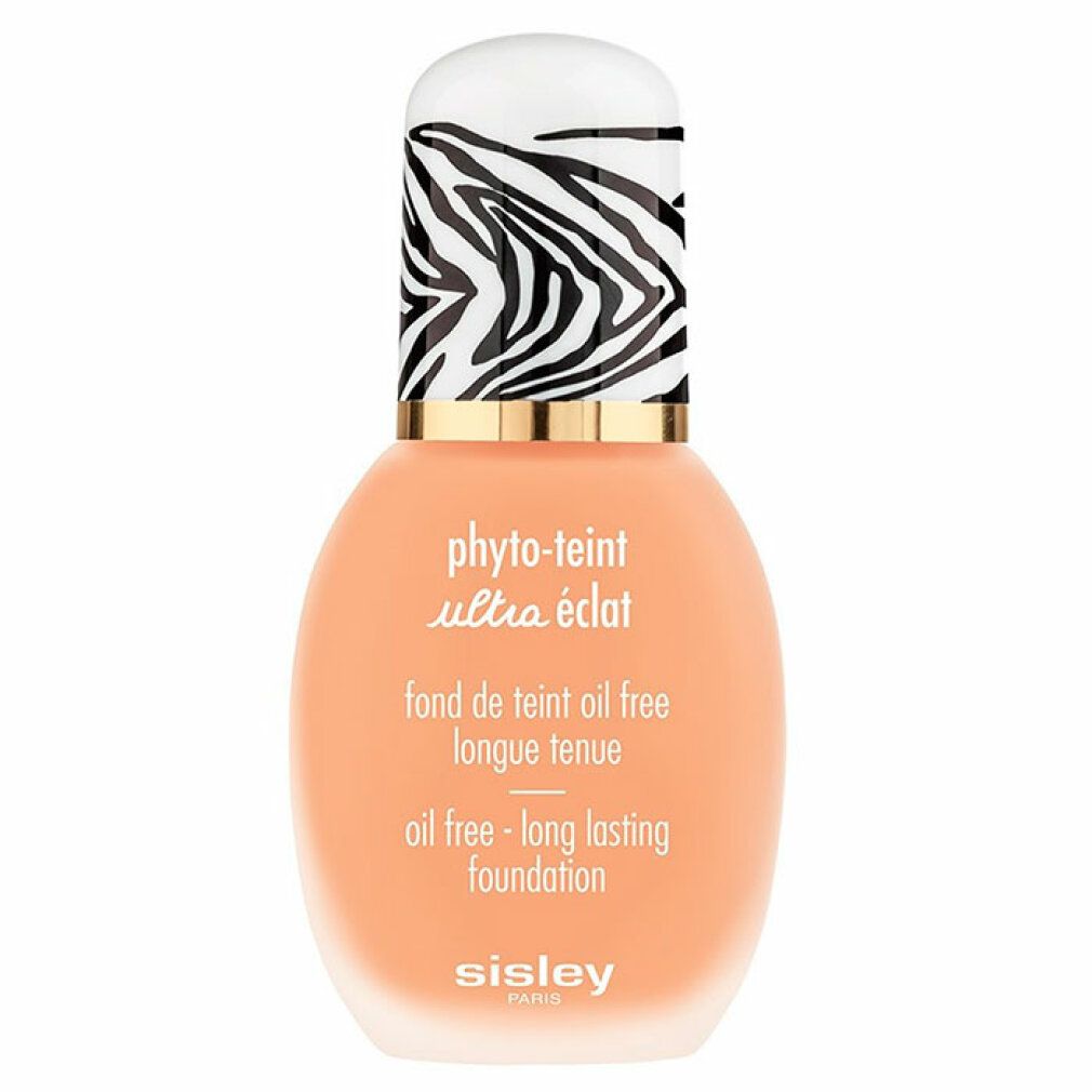 Sisley Phyto-Teint Ultra Eclat Foundation. Flasche mit Zebra-Muster-Deckel. Text: oil free - long lasting foundation.