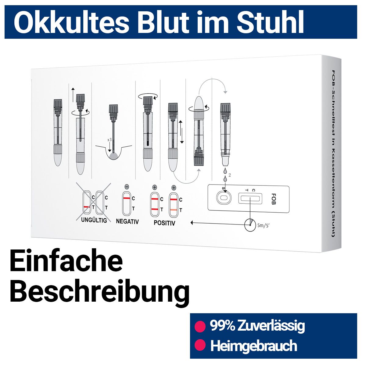 Rückseite der Verpackung mit Anweisungen zur Verwendung des HIXO FOB-Schnelltests. Grafische Darstellung der Testschritte.