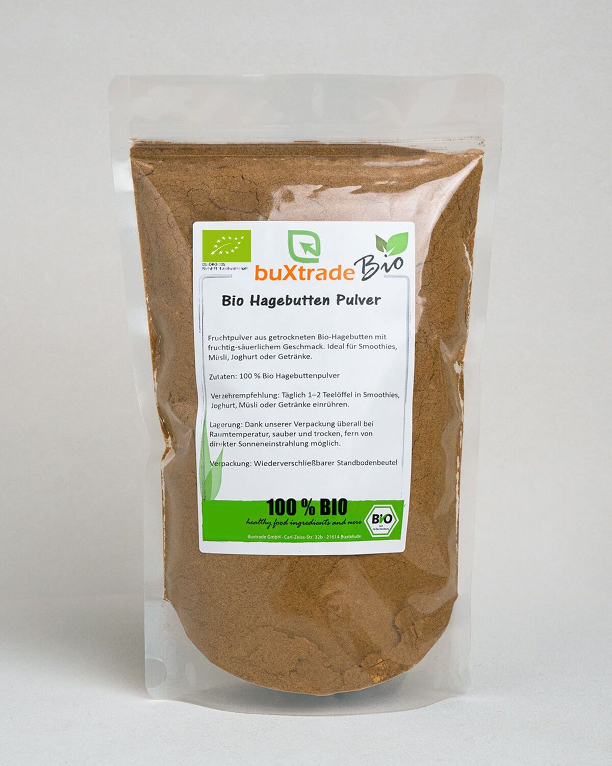 Bio Hagebuttenpulver in einem Standbeutel mit EU-Bio-Siegel und "100% BIO" Aufschrift.