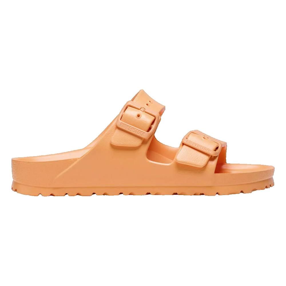 Sandali Birkenstock Arizona Essentials arancioni. Due cinturini con fibbie. Plantare anatomico.