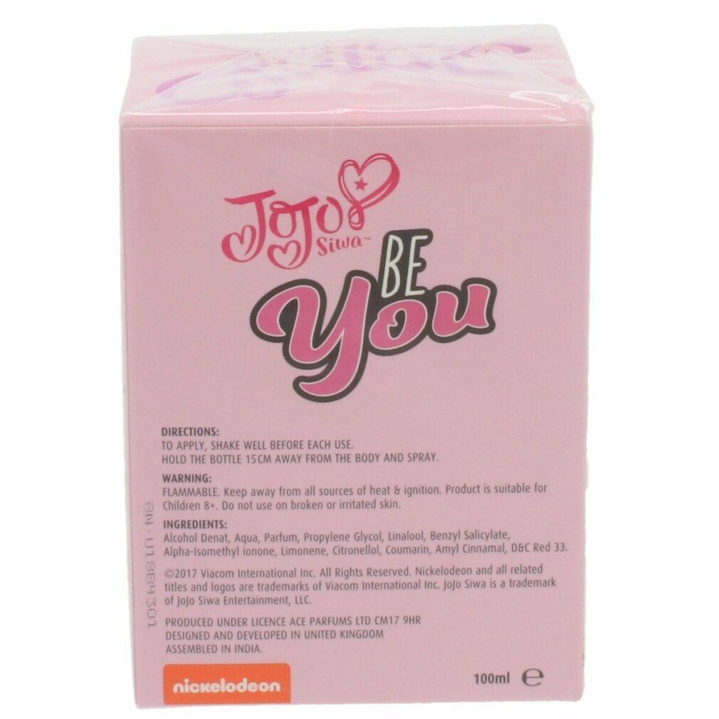 Rosa Schachtel mit Aufdruck "Jojo Siwa Be You". Enthält Inhaltsstoffe und Warnhinweise. Nickelodeon-Logo.