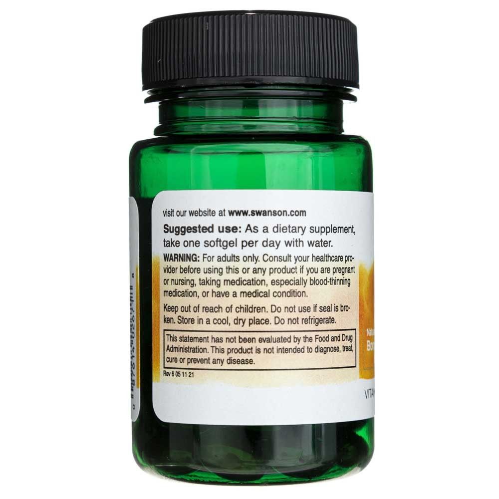 Rückseite einer Flasche SWANSON Vitamin K-2 Softgels. Zeigt Anwendungshinweise und Warnungen.
