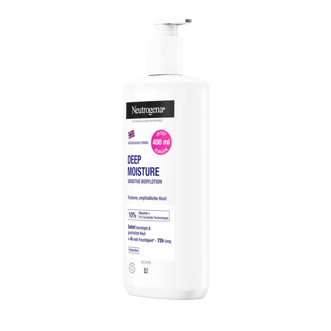 Weiße Flasche mit Pumpverschluss. Aufschrift: Neutrogena, Deep Moisture Sensitive Bodylotion. Pinker Aufkleber: 400 ml. Text: Trockene, empfindliche Haut.