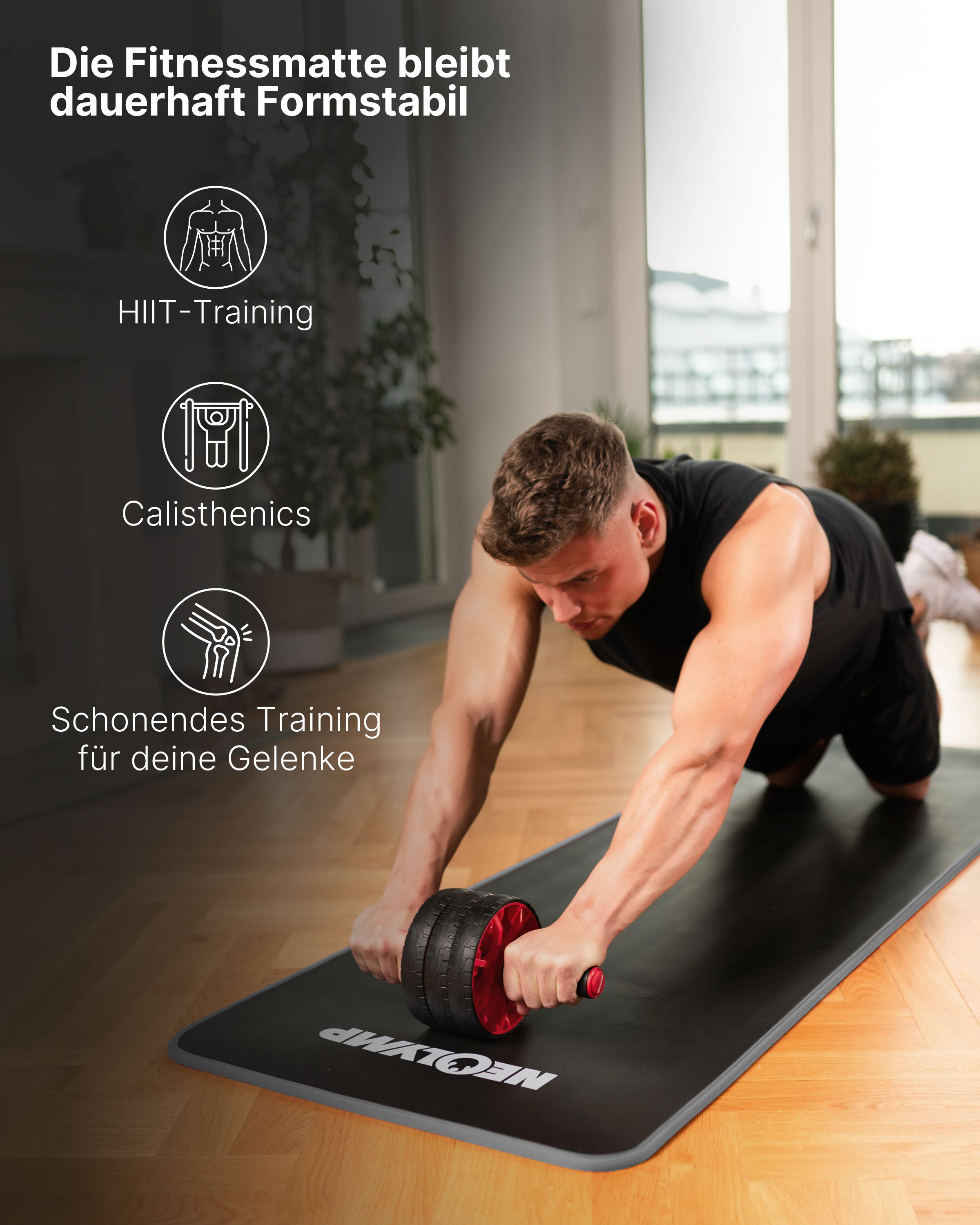 Mann trainiert auf schwarzer Fitnessmatte. Aufschrift: NEOLYMP. Abbildung: HIIT, Calisthenics, gelenkschonendes Training.