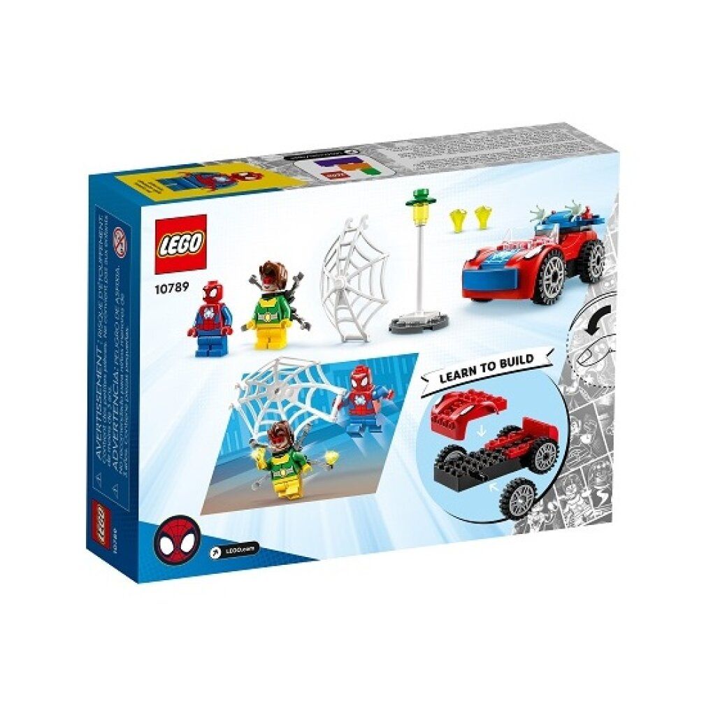 LEGO Marvel Set. Enthält Spidey, Doc Ock, Auto, Spinnennetz, Straßenlaterne. Anleitung zum Bauen. Altersempfehlung 4+.