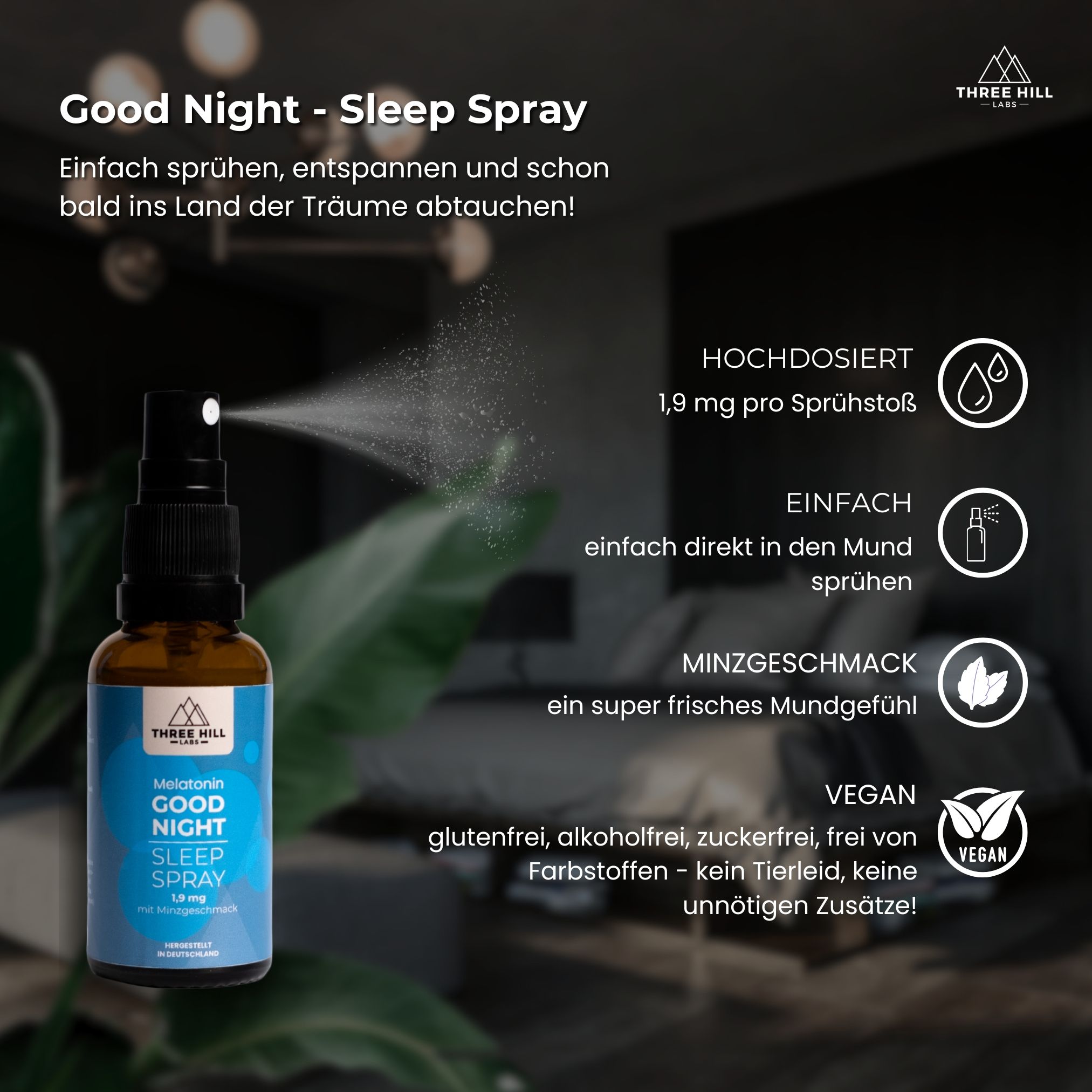 Sprayflasche sprüht. Text: Good Night - Sleep Spray. 1,9 mg pro Sprühstoß. Minzgeschmack. Vegan. Ohne Zucker, Alkohol, Farbstoffe.