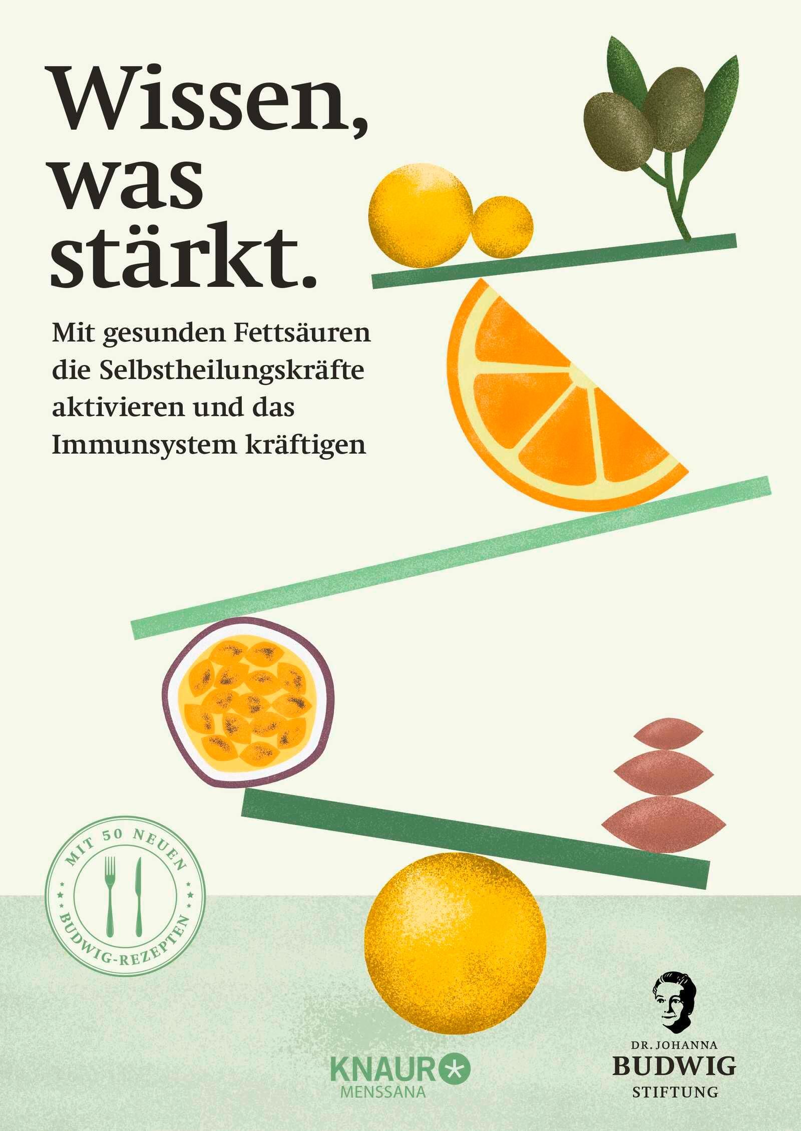 Buchcover: Wissen, was stärkt. Illustrationen von Obst und Oliven. KNAUR-Logo und Dr. Johanna Budwig Stiftung.