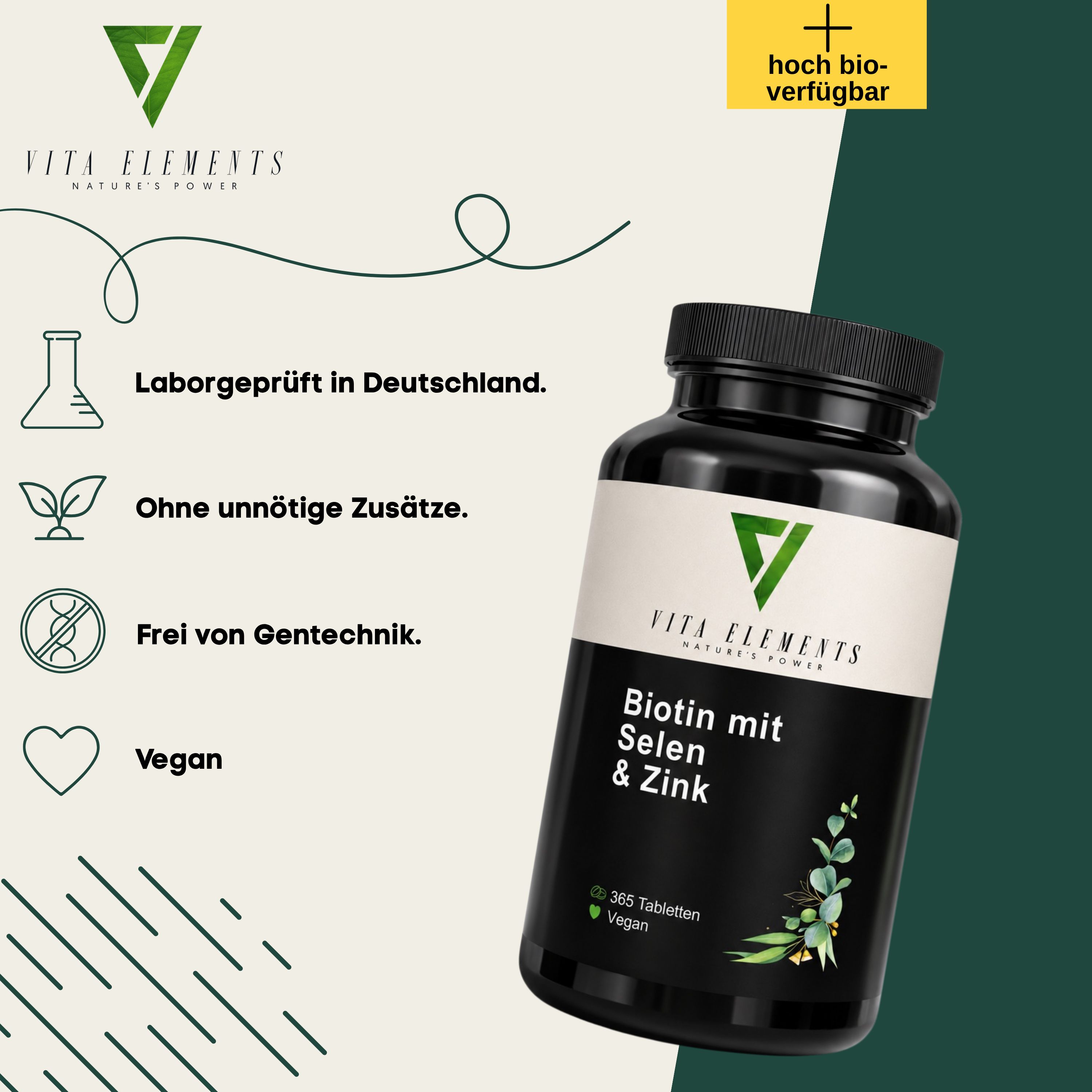 Schwarze Flasche mit Produktetikett. Enthält Tabletten. Logo und Text: Biotin mit Selen & Zink. Zusätzliche Symbole.