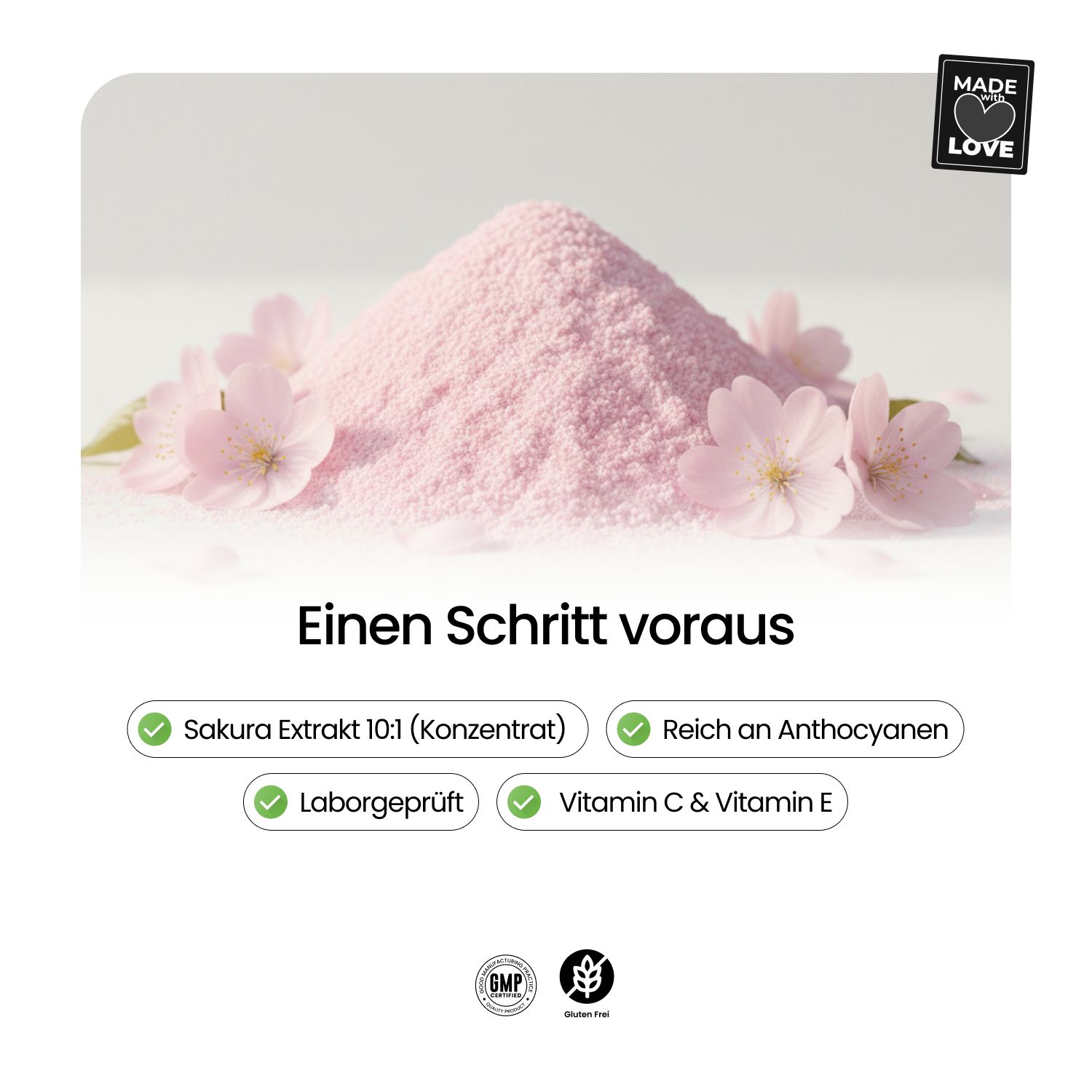 Rosa Pulverberg mit Blüten. Text: Sakura Extrakt, Vitamin C & E, Laborgeprüft, Reich an Anthocyanen. GMP-Siegel.