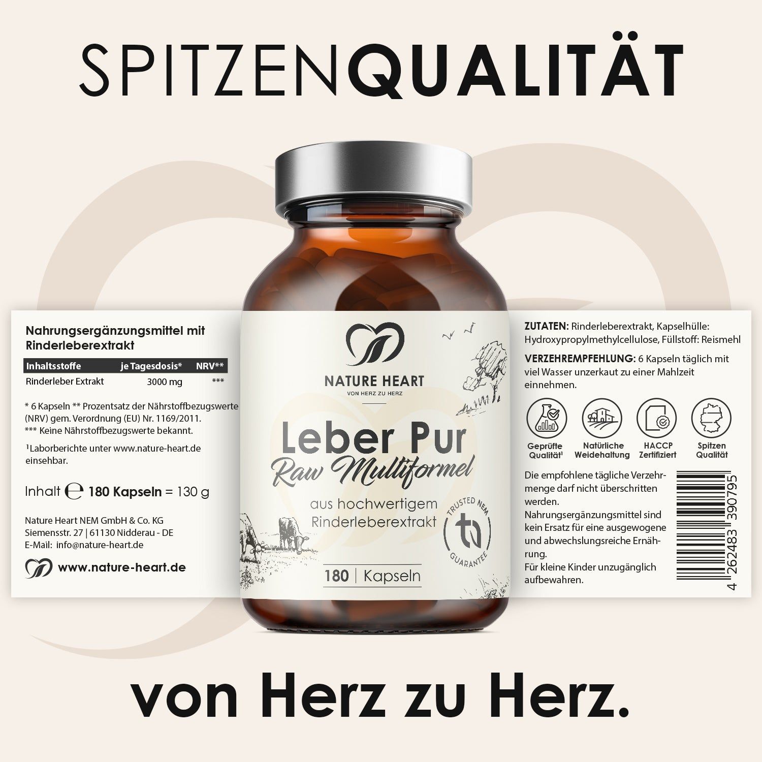 Braune Glasflasche mit Kapseln. Text: Leber Pur Raw Multiformel, 180 Kapseln. Aufklappbares Etikett mit Inhaltsstoffen.