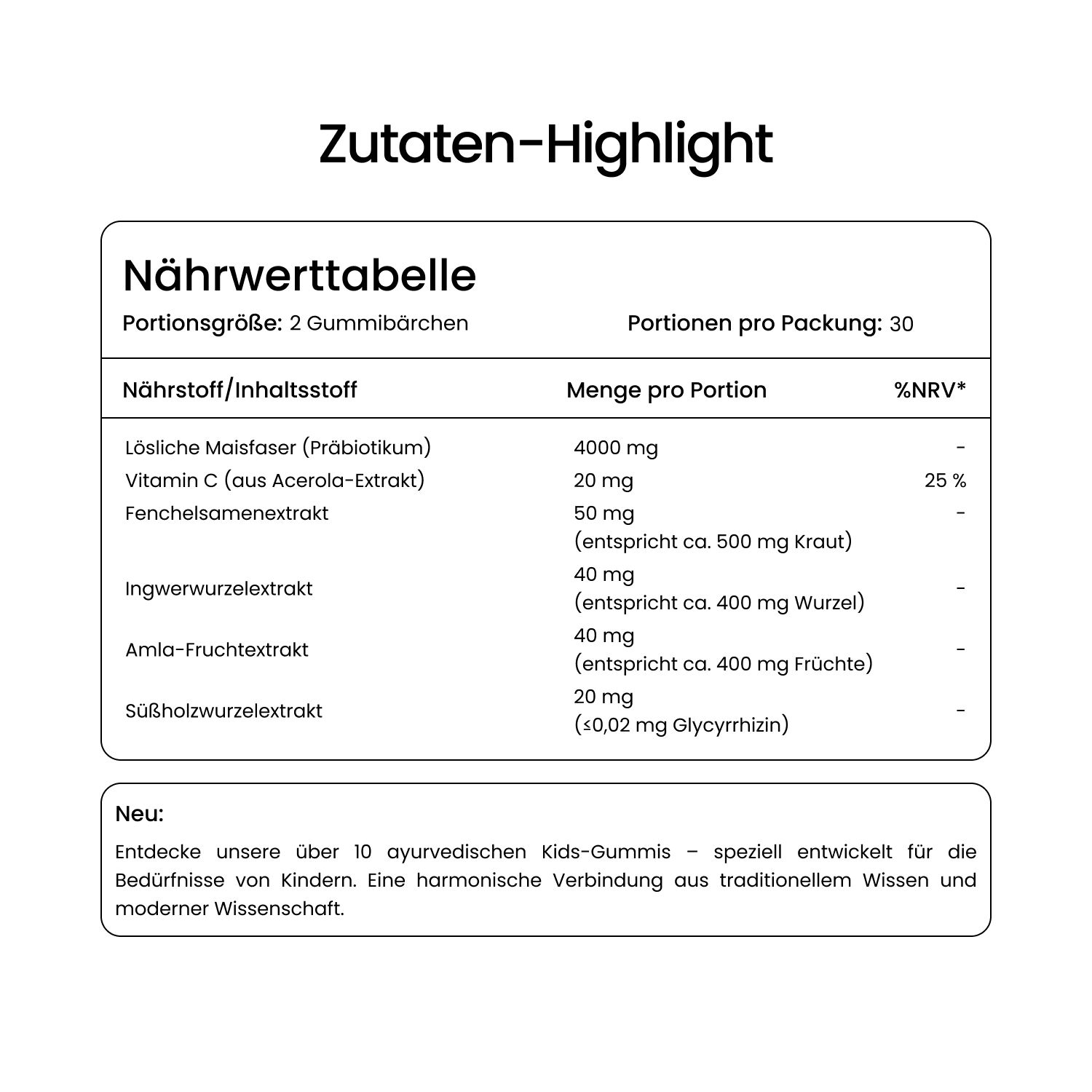 Nährwerttabelle für Gummily® Ballaststoff Ayurveda. Angaben pro Portion: 2 Gummibärchen. Inhaltsstoffe, Menge, %NRV.