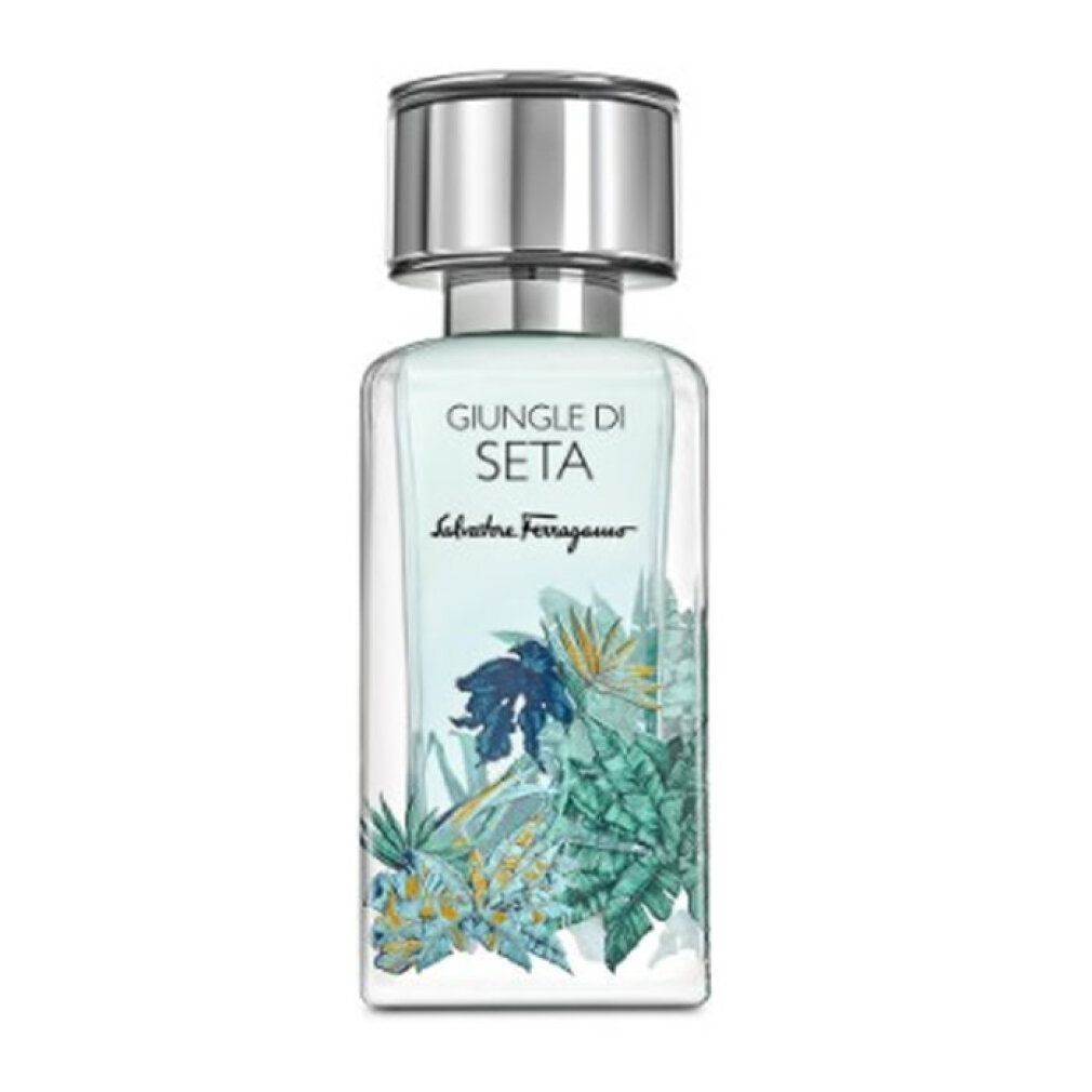 Salvatore Ferragamo Giungle Di Seta Eau De Parfum Flakon mit botanischem Motiv.