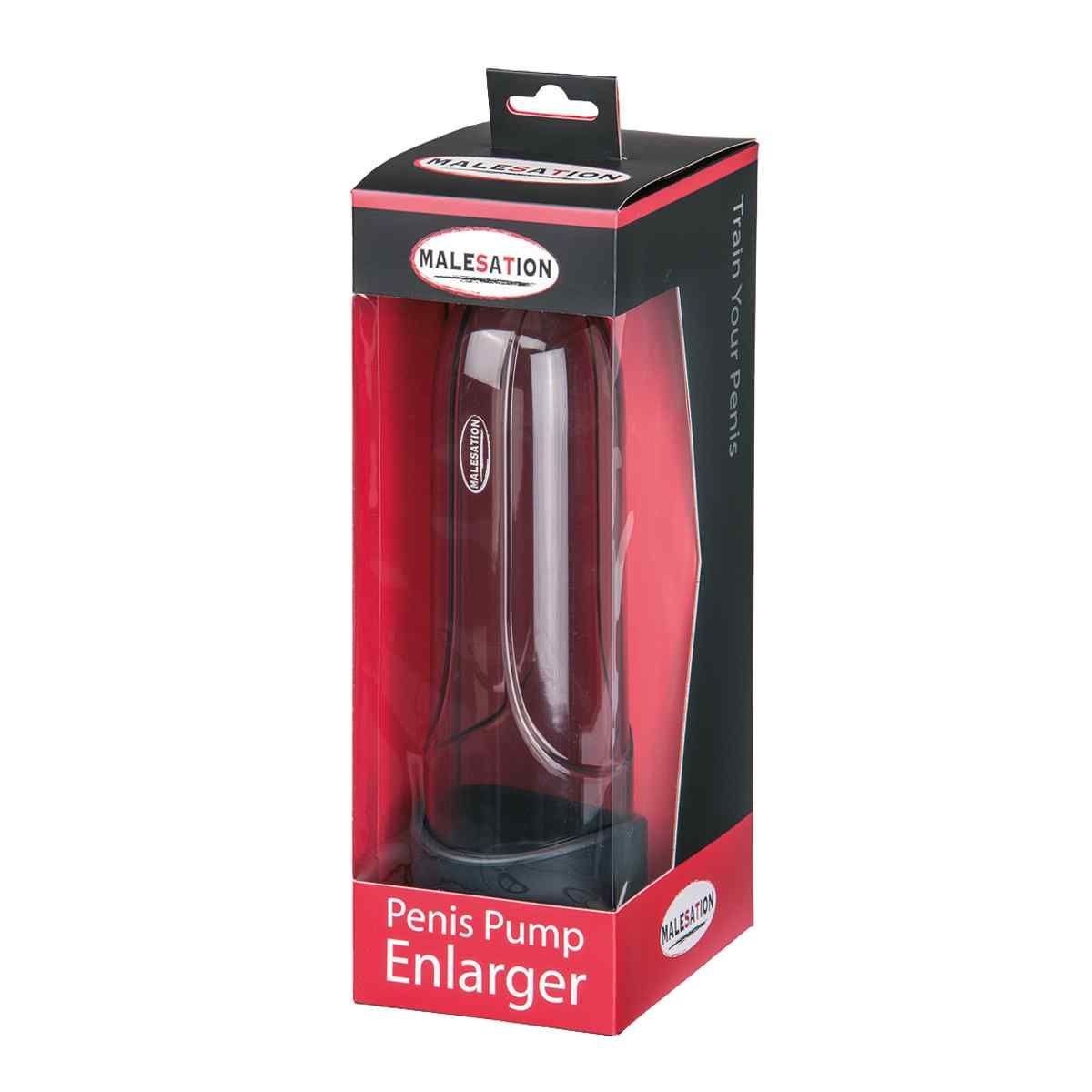 Penis-Pumpe in Verpackung. Schwarze und rote Verpackung mit Produktnamen und Markennamen. Transparentes Gehäuse.