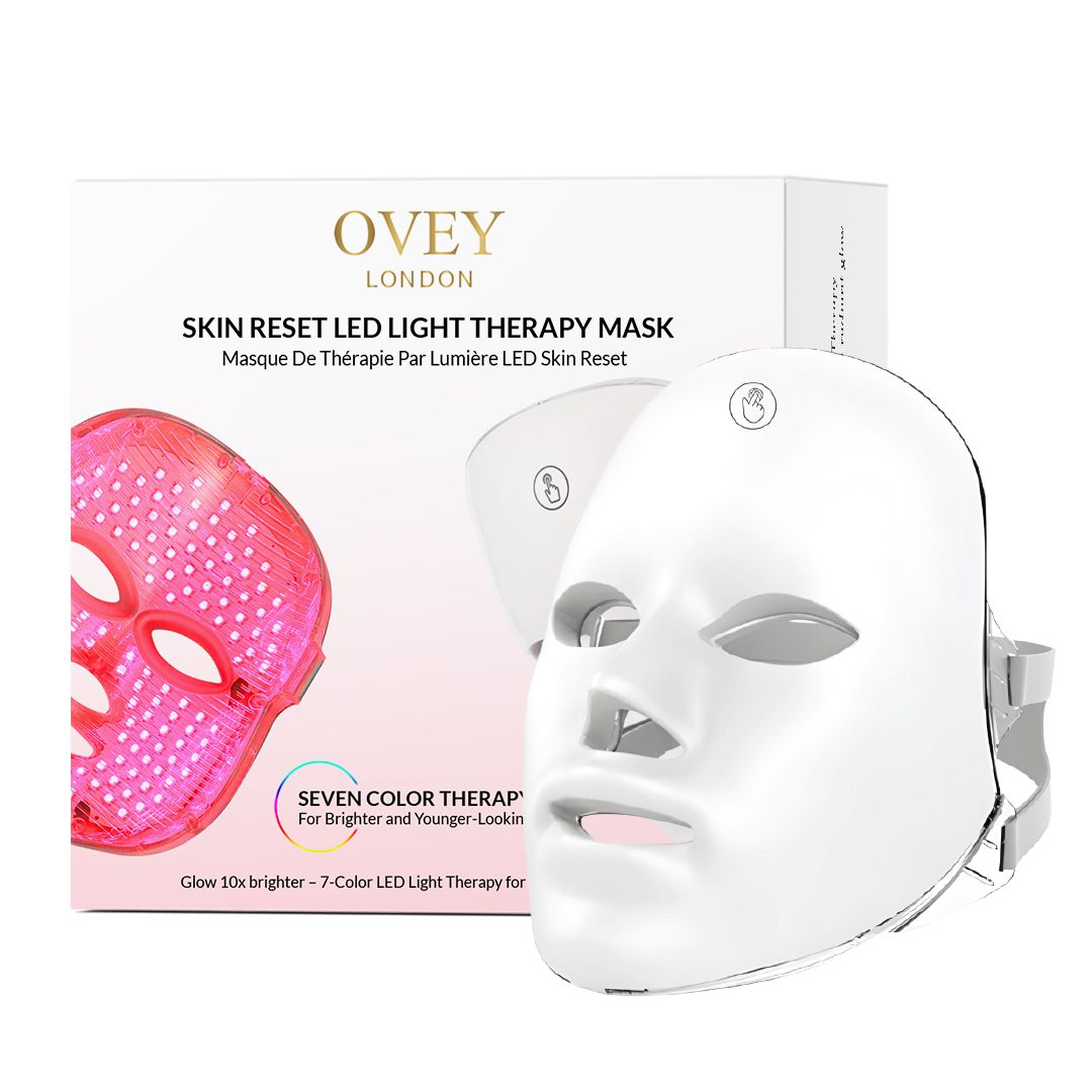 Verpackung und weiße LED-Lichttherapie-Maske mit Logo und Text.