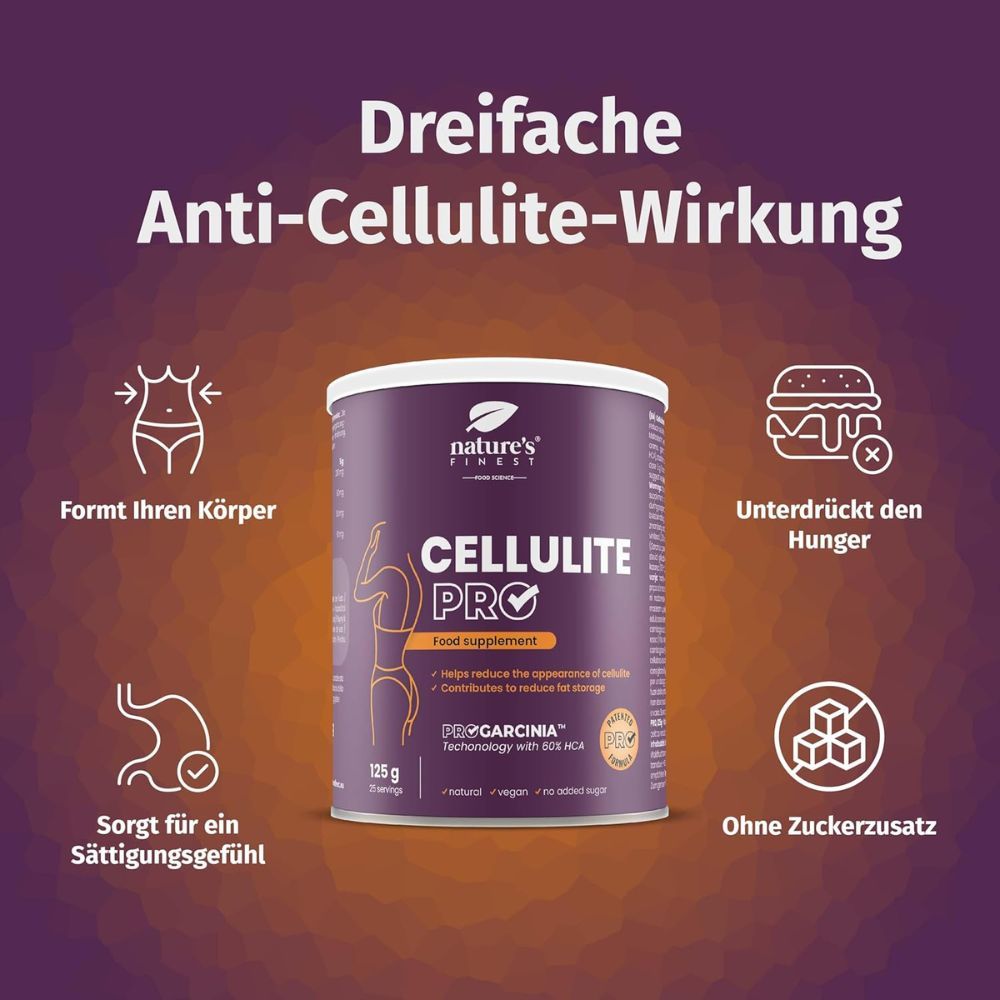 Lila Dose Cellulite Pro, 125g. Dreifache Anti-Cellulite-Wirkung. Abbildungen: Körper, Hunger, Sättigungsgefühl, Zucker.