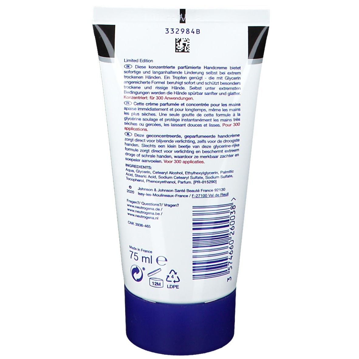 Weiße Tube mit blauem Deckel. Text: "75 ml e". Aufschrift: "Limited Edition".