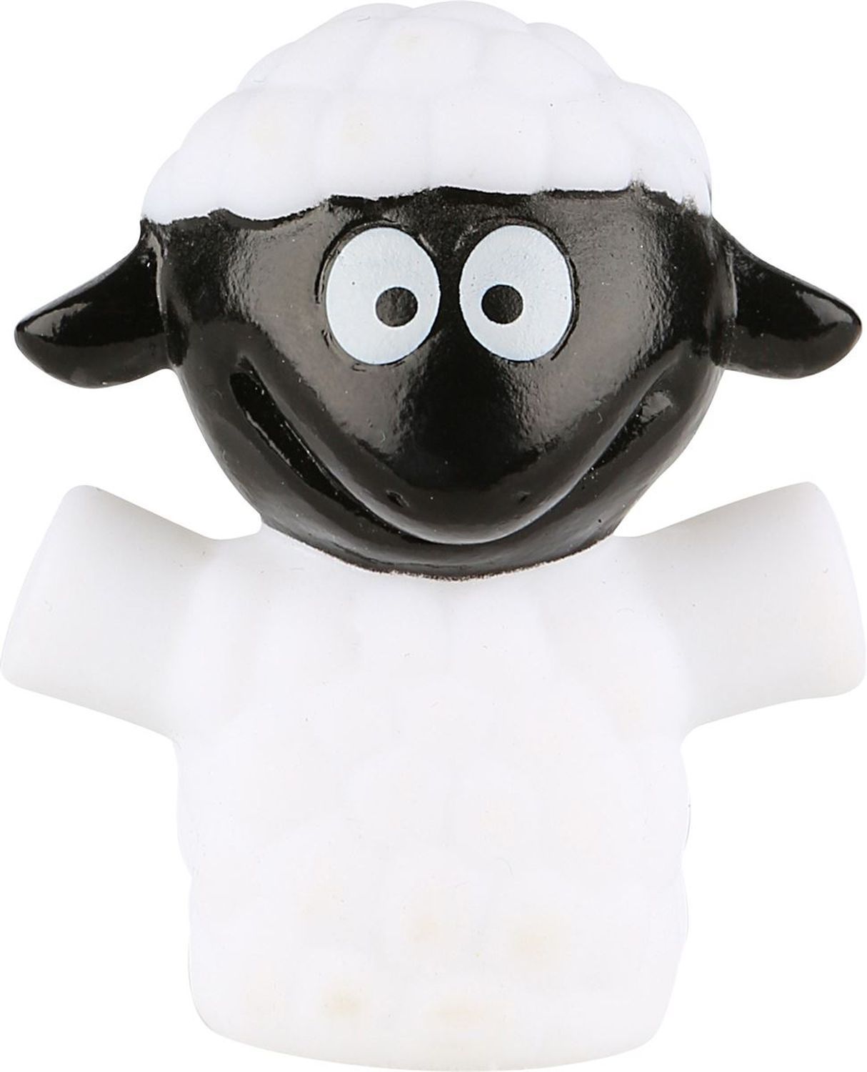 Schwarzes Fingerpuppen-Schaf mit weißem Kopf und Körper. Schwarze Augen.