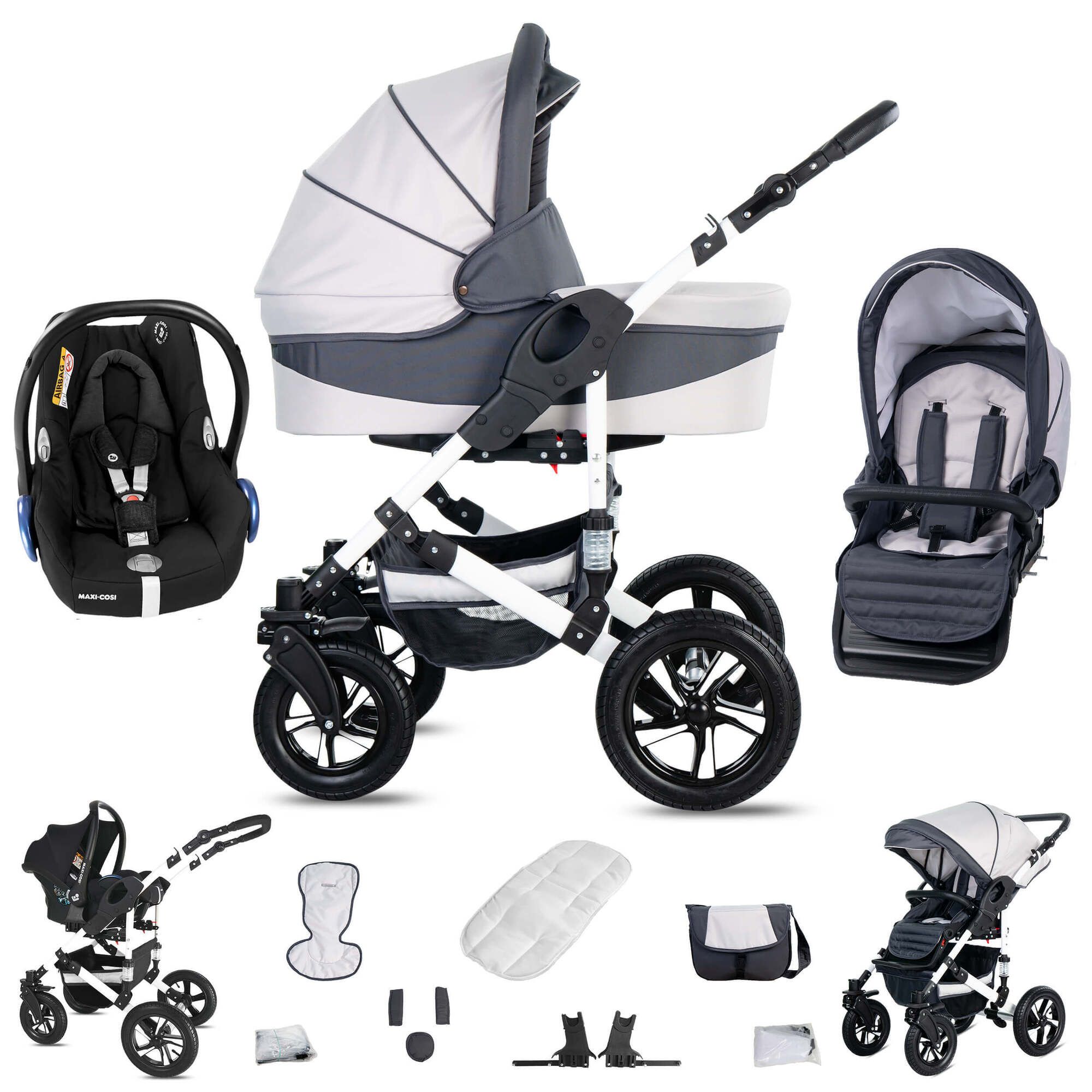 Kinderwagen mit Maxi Cosi, weiß-grau. Enthält Babywanne, Sportsitz, Maxi Cosi, Zubehör. Vier Räder, weißes Gestell.