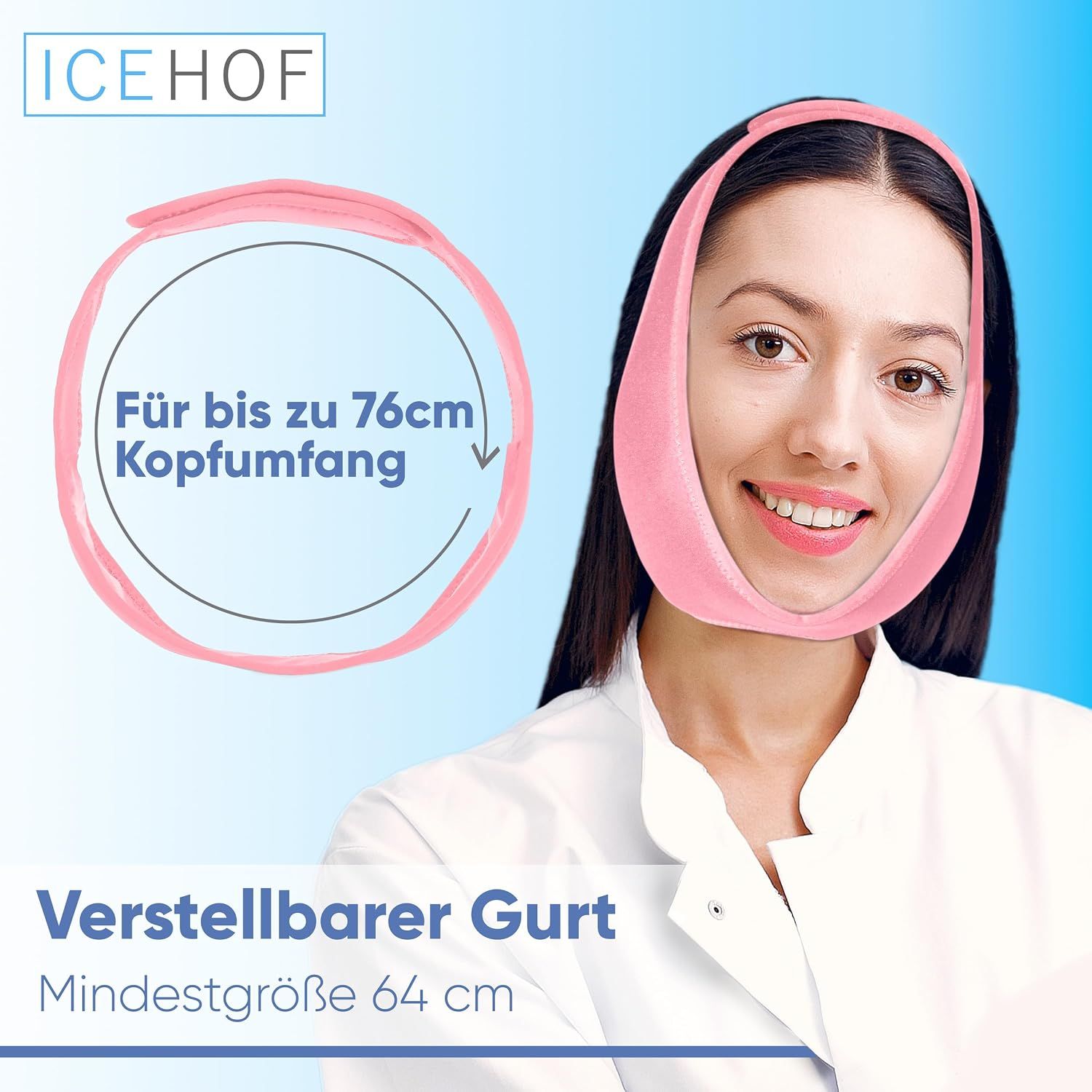 ICEHOF Kühlpad-Bandage: Verstellbarer Gurt für Kopfumfang bis 76cm. Rosa, mit Klettverschluss.