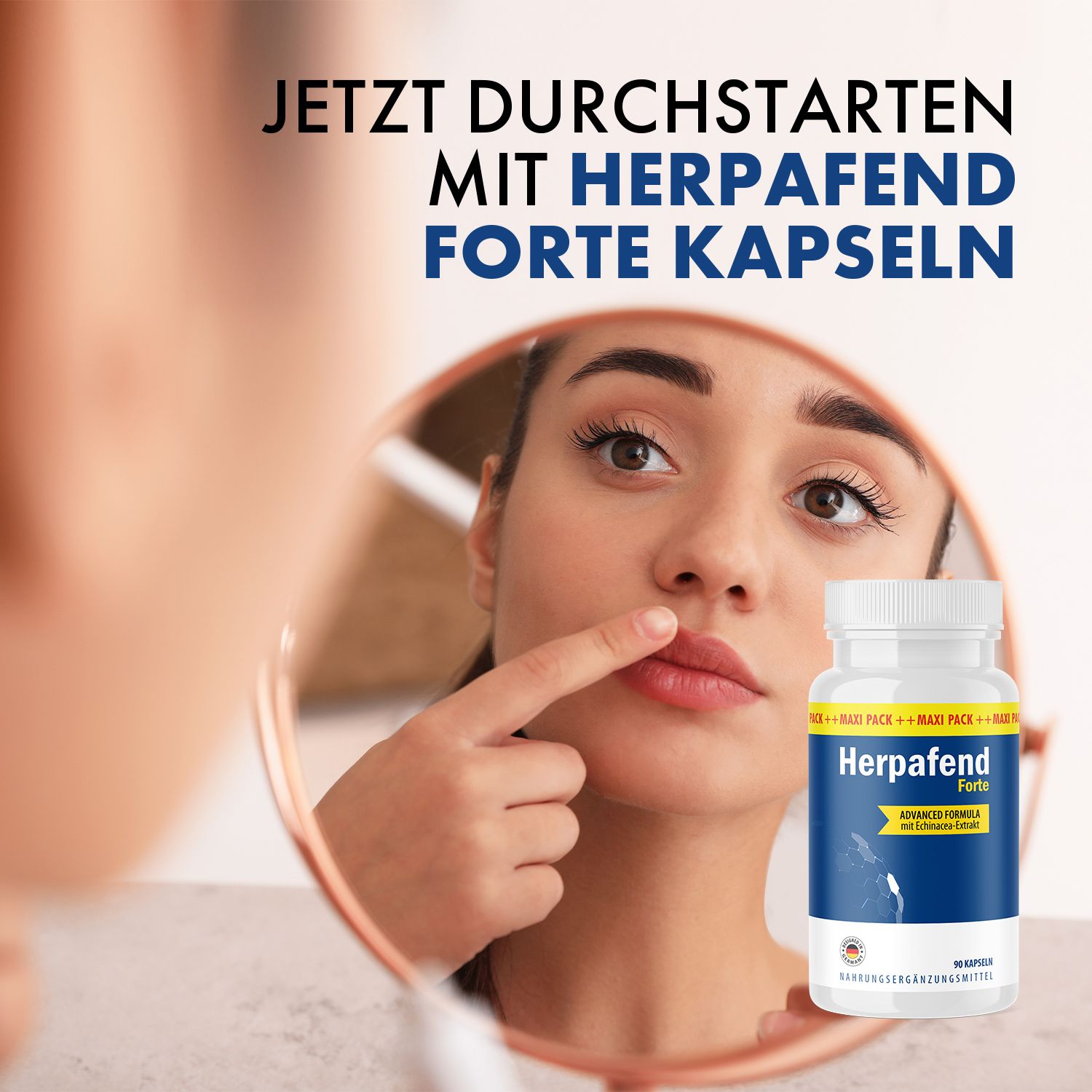 Frau im Spiegel, zeigt auf Lippe. Herpafend Forte Kapseln Flasche. Gelbes Etikett.