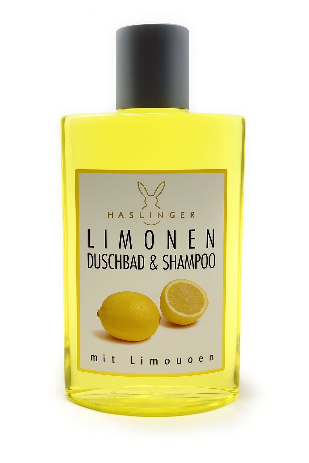 Gelbe Flasche mit schwarzem Deckel. Etikett mit "HASLINGER LIMONEN DUSCHBAD & SHAMPOO". Abbildung von Zitrone und halber Zitrone.