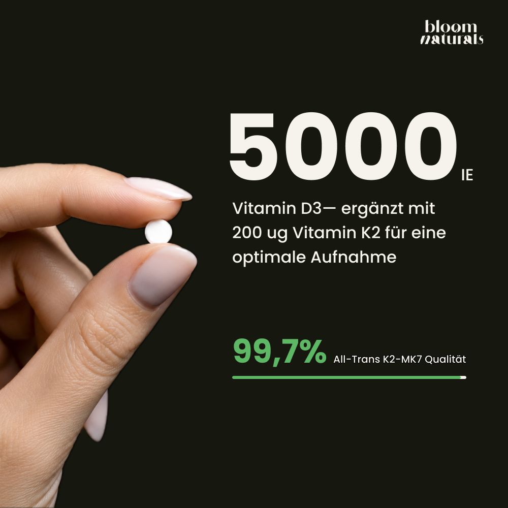 Finger hält eine kleine weiße Tablette, daneben Text über 5000 IE Vitamin D3 und K2.