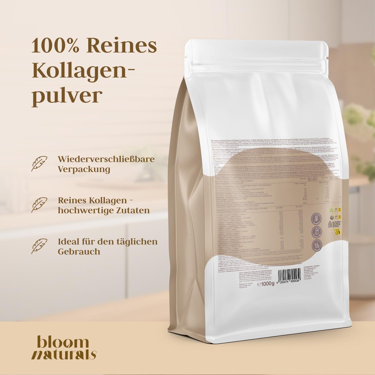 Rückseite eines Bloom Naturals Kollagenpulver-Beutels. Wiederverschließbar, reines Kollagen, ideal für den täglichen Gebrauch.