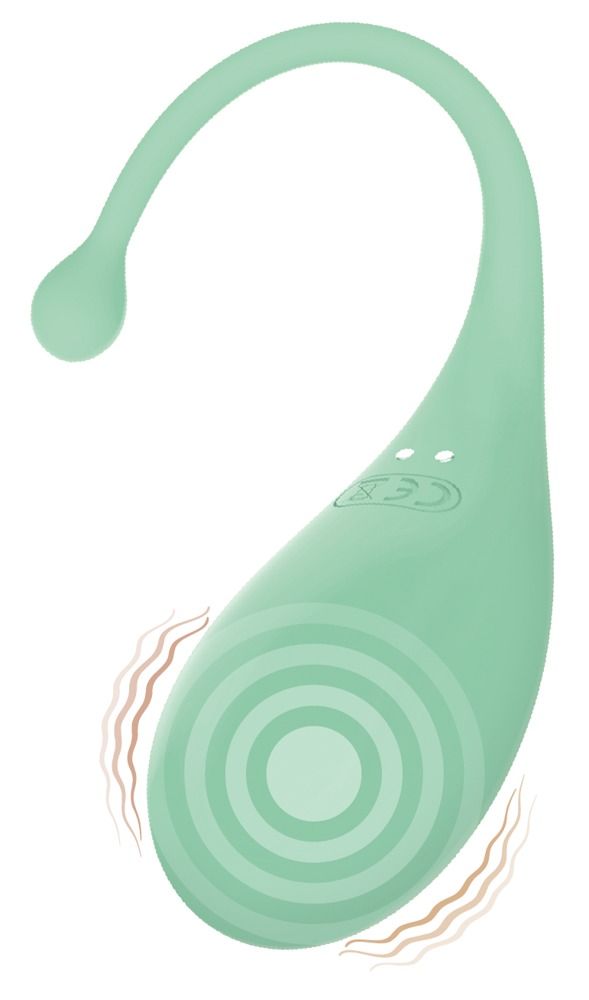 Mintfarbenes Ei mit gebogener Form. Kreisförmige Muster am unteren Ende. CEX-Logo.
