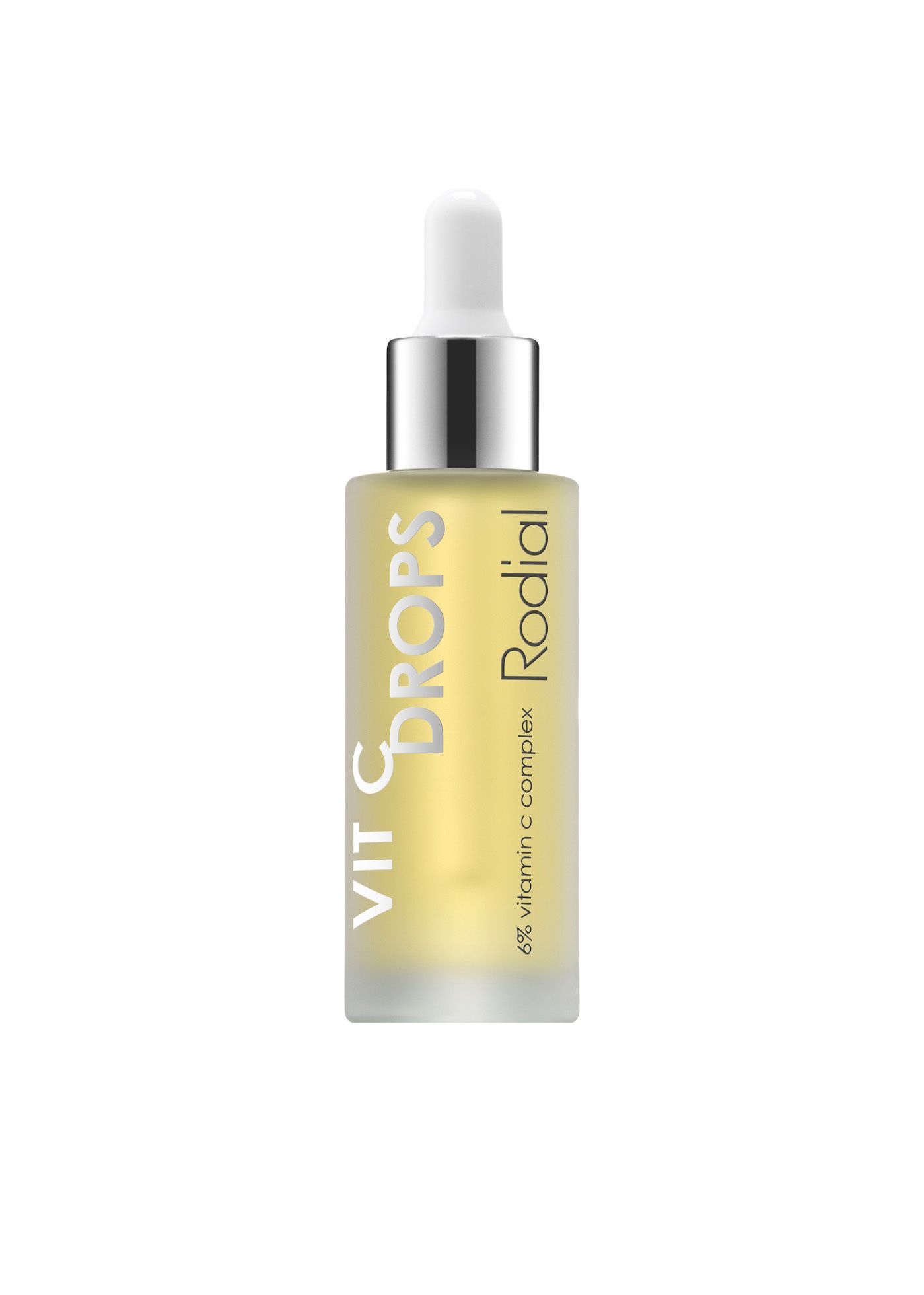 Produktflasche mit Pipette. Text: VIT C DROPS, Rodial. Aufschrift: 6% Vitamin C Complex.