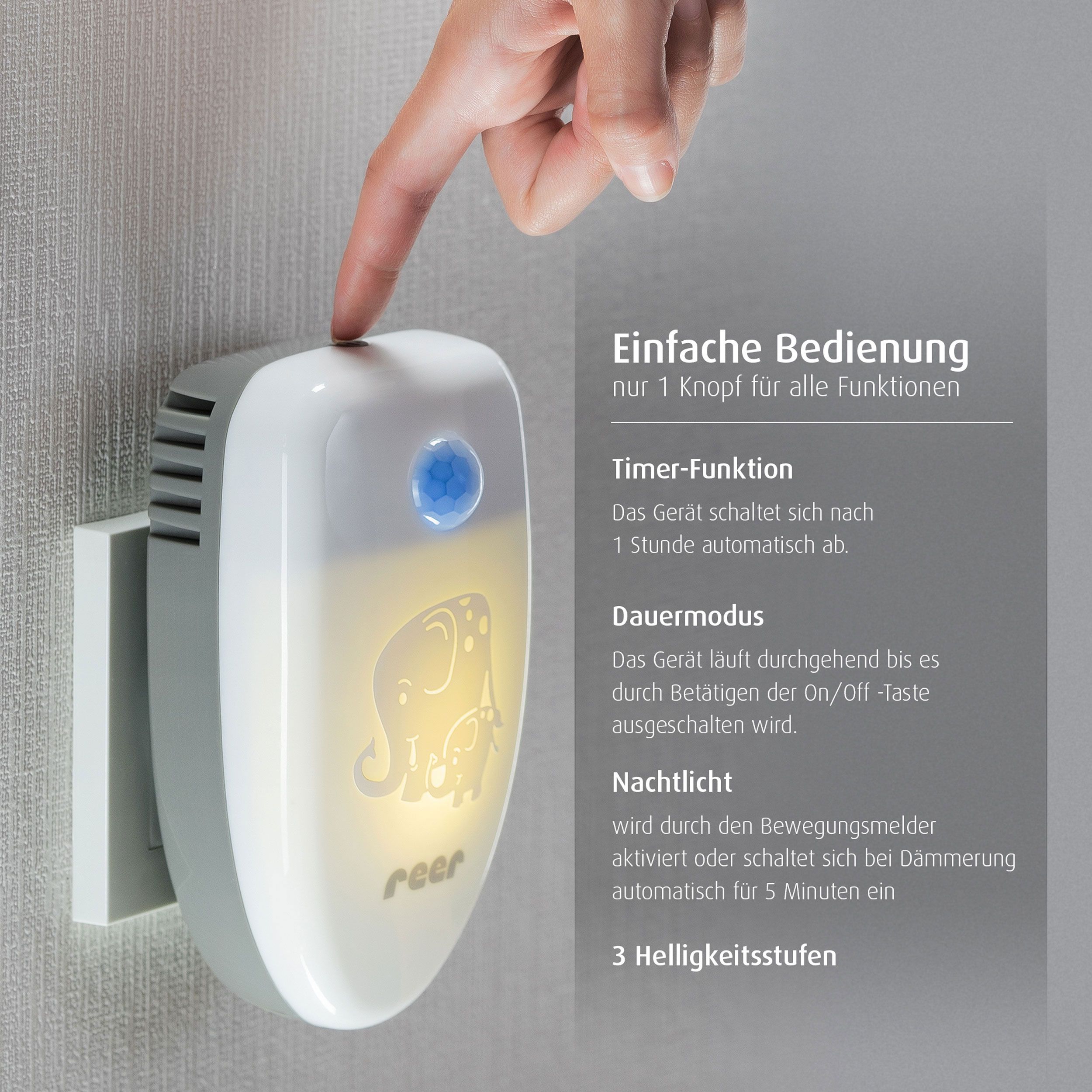 reer PureAir Raumluft-Reiniger, 2in1, Nachtlicht, Bewegungssensor