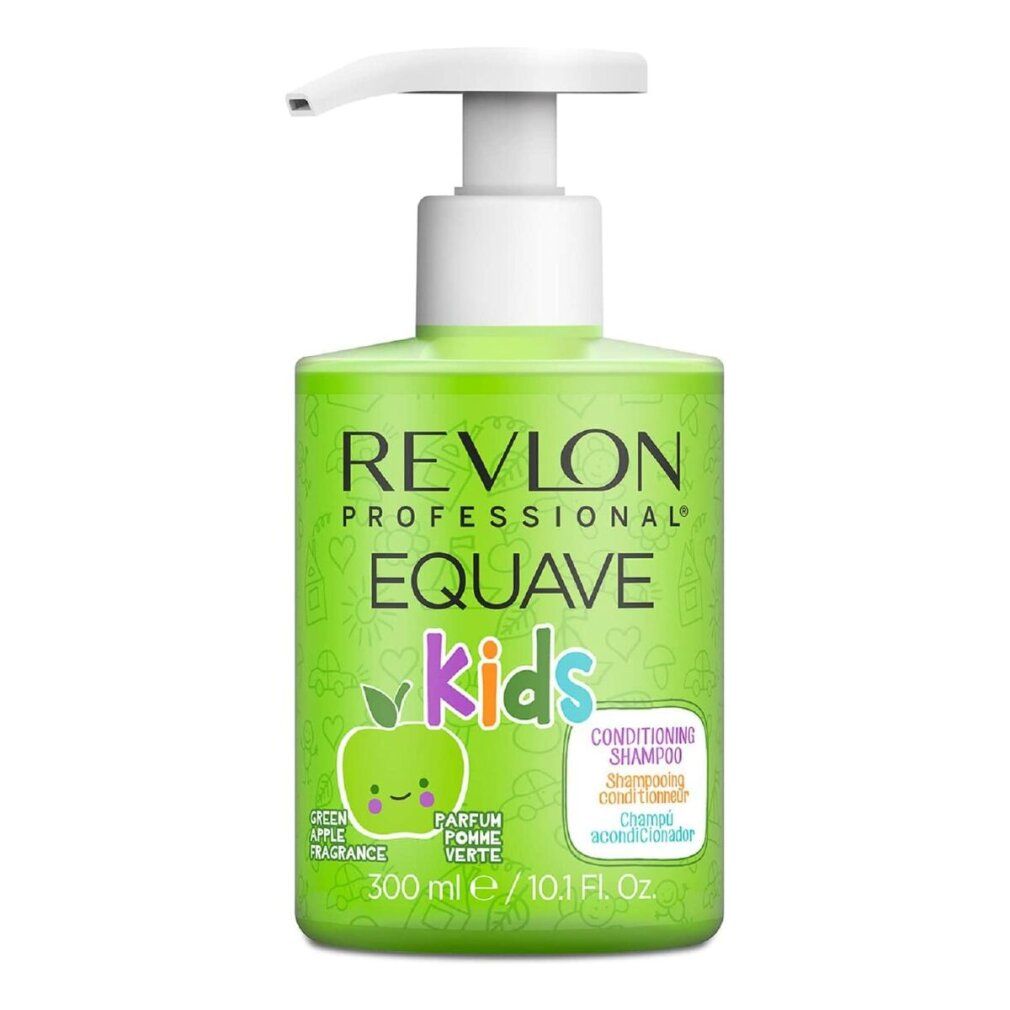 Grüne Shampoo-Flasche mit Pumpe. Aufschrift: Revlon Equave Kids, Apfelduft. 300 ml.