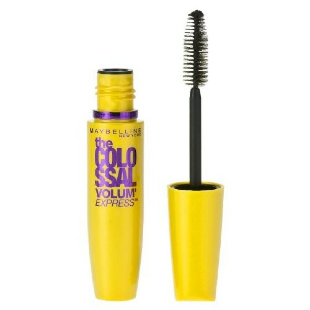 Maybelline The Colossal Volume Express Mascara in Gelb mit lila Akzenten. Der Applikator ist separat.