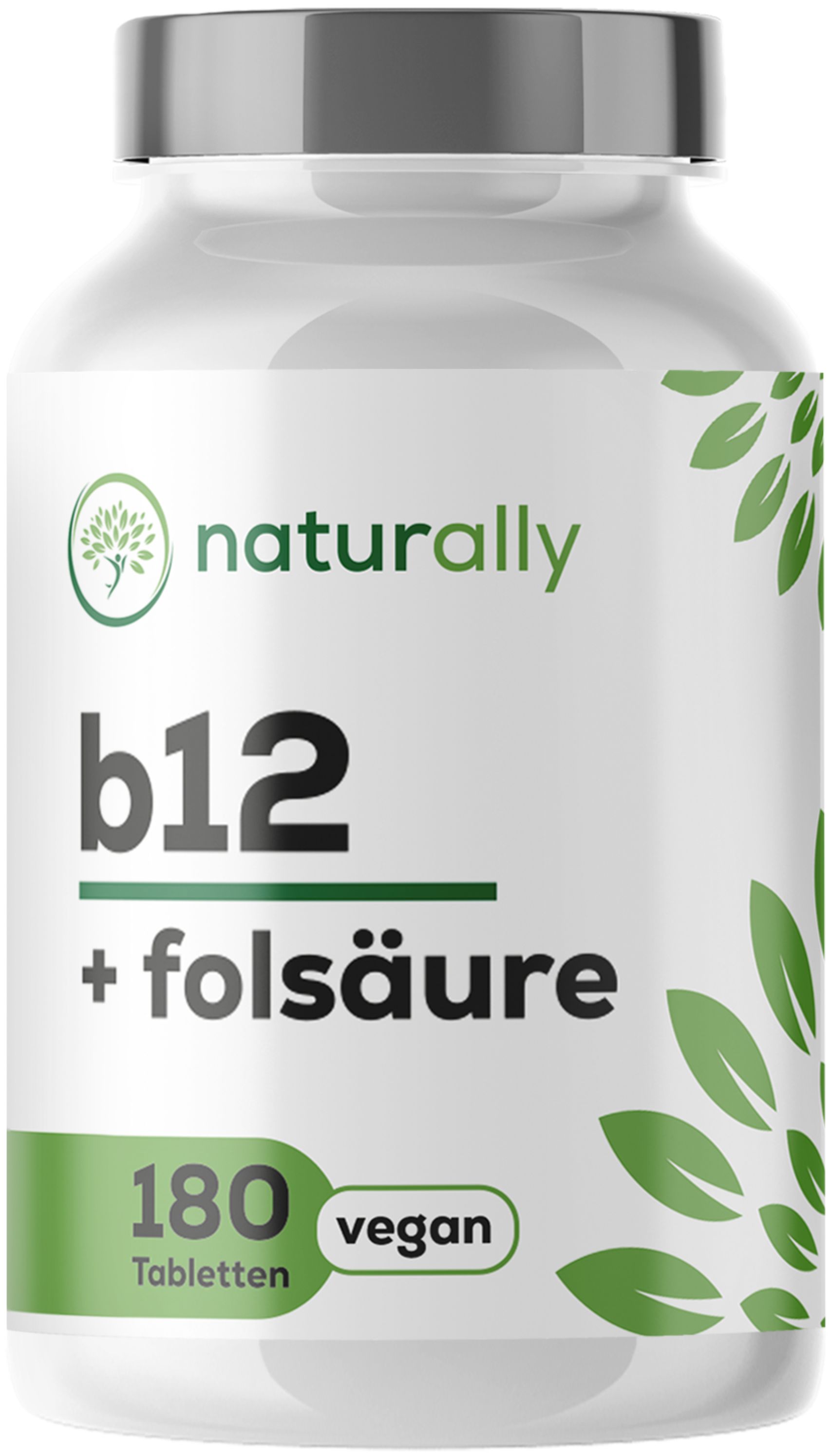 Weiße Tablettenflasche mit Etikett. Text: b12 + folsäure, 180 vegan. Logos von naturally.