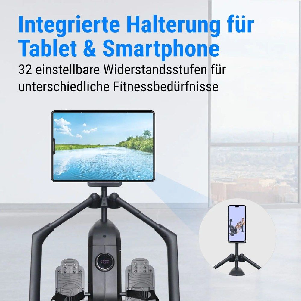 Integrierte Halterung für Tablet und Smartphone an einem AsVIVA 3D-Rudergerät RA12.
