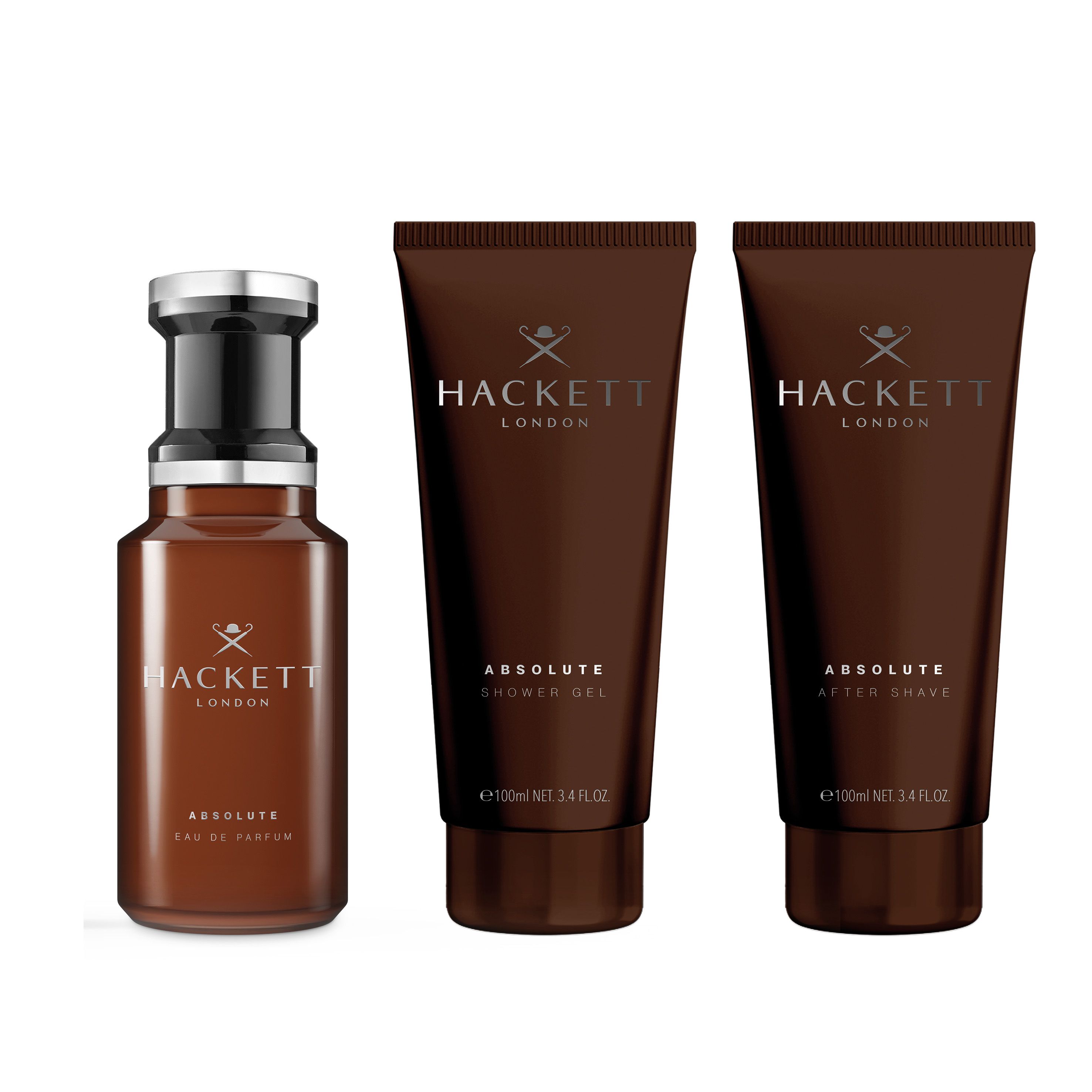 Hackett Geschenkset mit Eau de Parfum, Duschgel und After Shave. Braunfarbene Flaschen und Tuben. Logo und Produktnamen sichtbar.