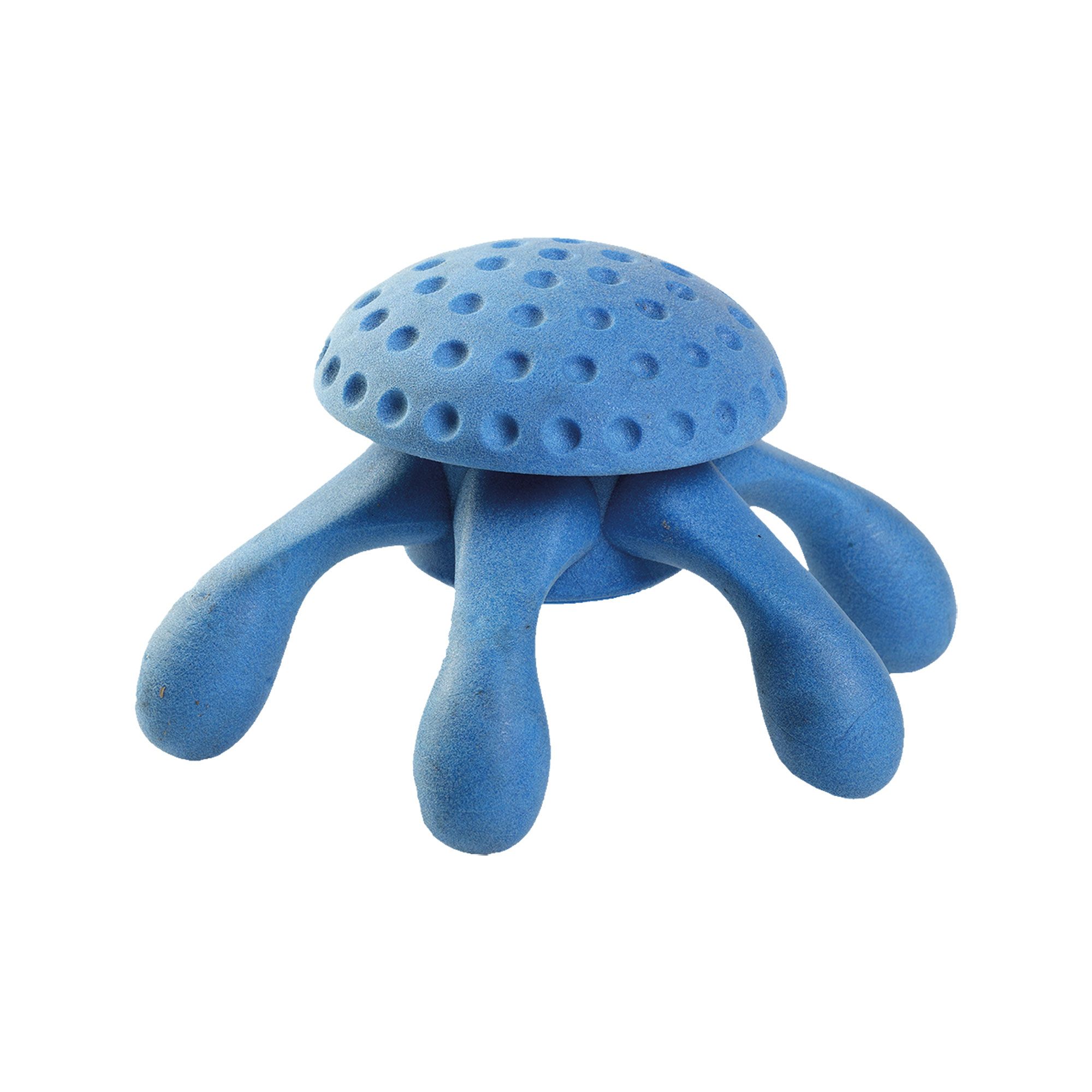 Blaues Spielzeug in Oktopusform mit Löchern auf der Oberseite und Beinen. Aus Gummi.