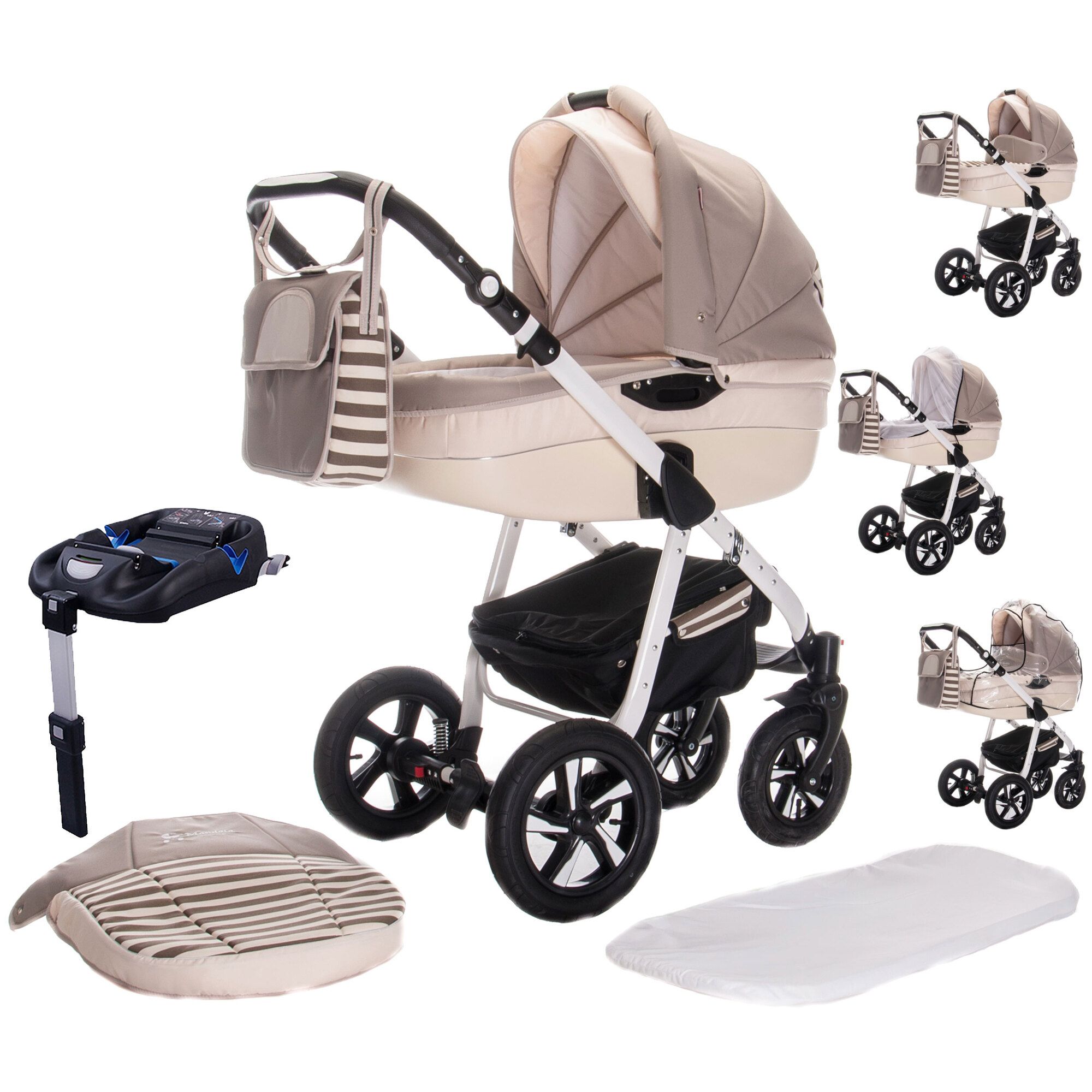 Kinderwagen-Komplettset in Beige und Weiß. Enthält Babywanne, Sportwagenaufsatz, Babyschale, ISOFIX-Basis, Wickeltasche und Zubehör.