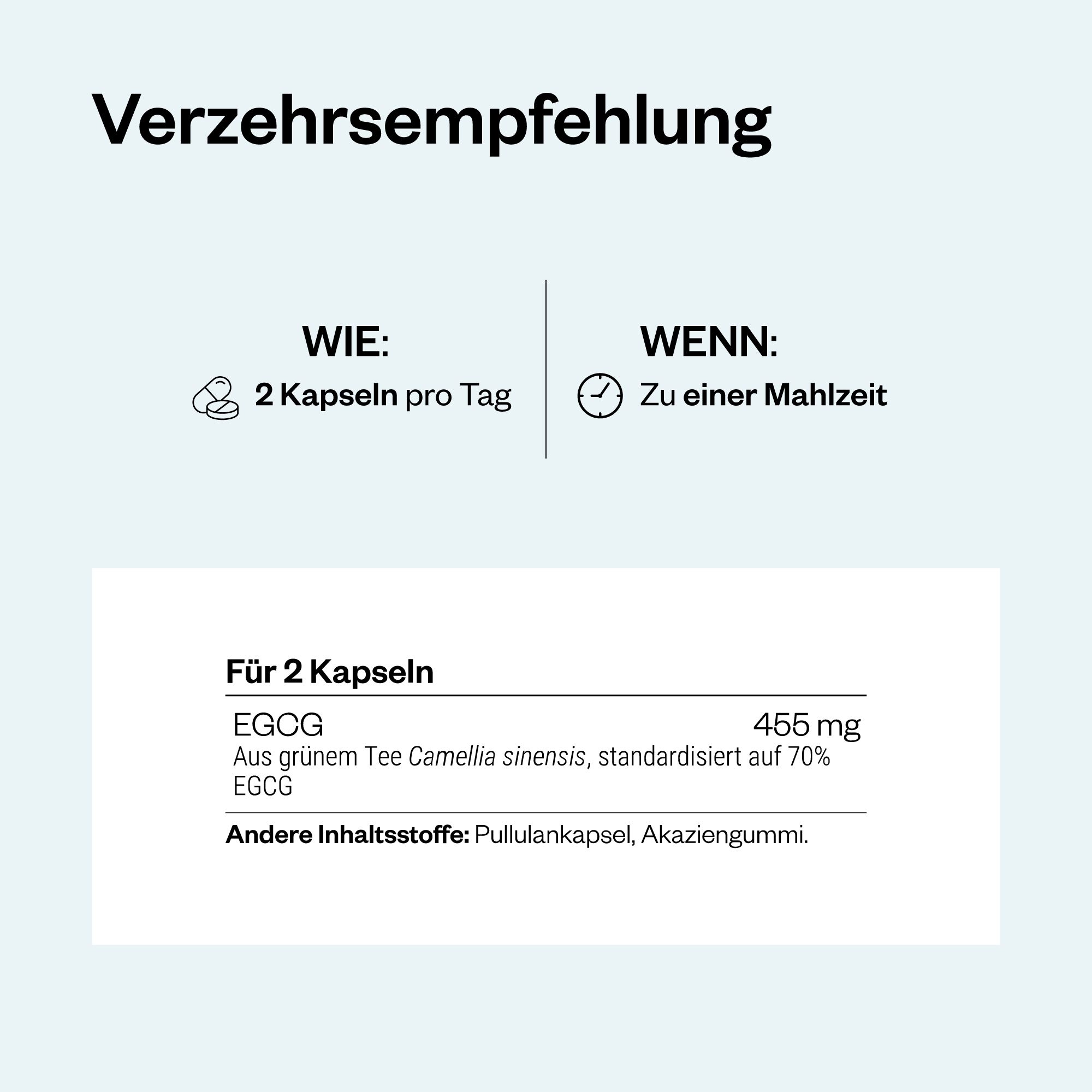 Grafik mit Text: Verzehrsempfehlung. 2 Kapseln pro Tag. Informationen zu Inhaltsstoffen: EGCG, 455 mg.