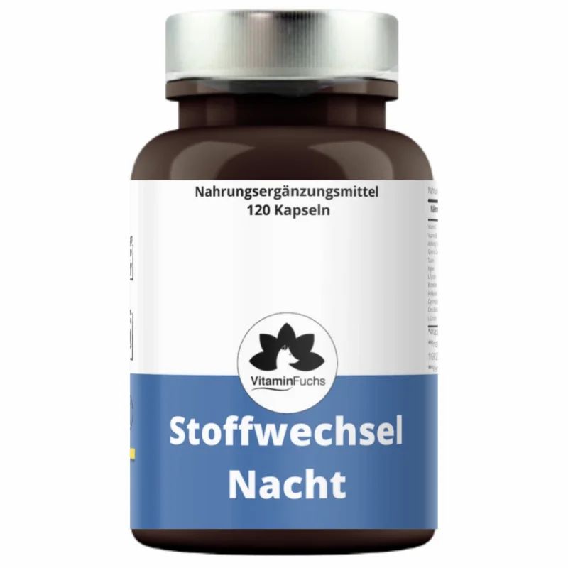 Braune Flasche mit silbernem Deckel. Aufkleber mit Produktname, Marke VitaminFuchs und 120 Kapseln. Nahrungsergänzungsmittel.