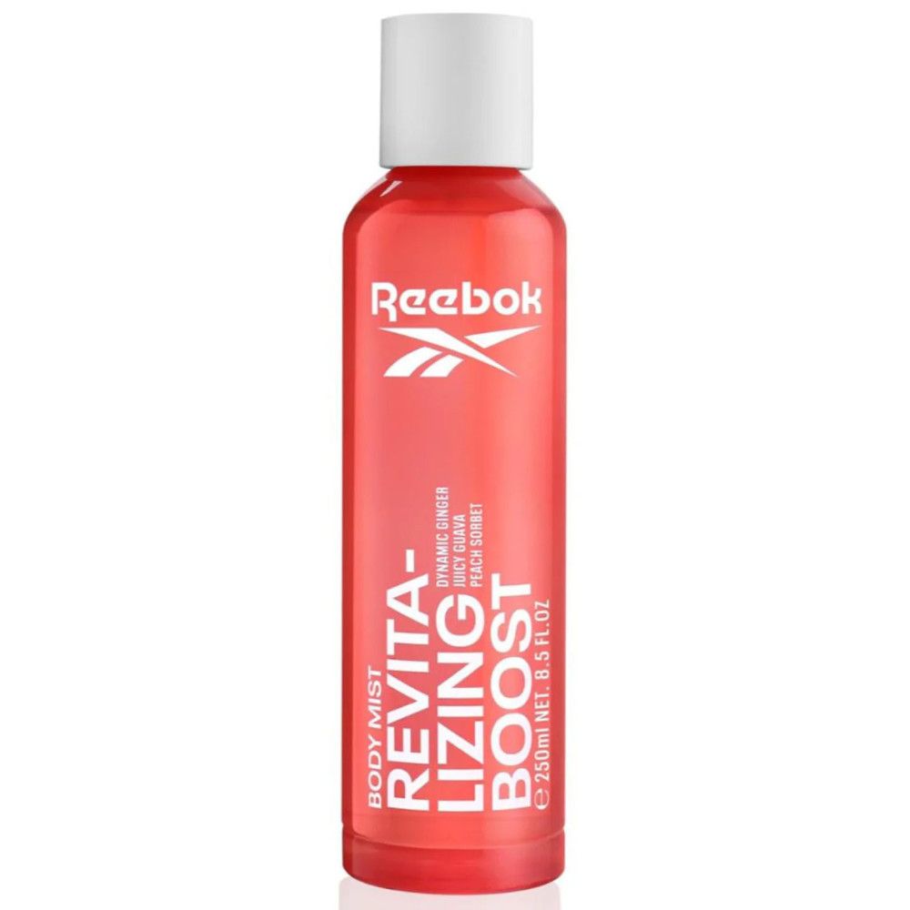 Reebok Körpernebel-Flasche. Rosa Flasche mit weißem Deckel. Text: Revitalizing Boost, 250ml.