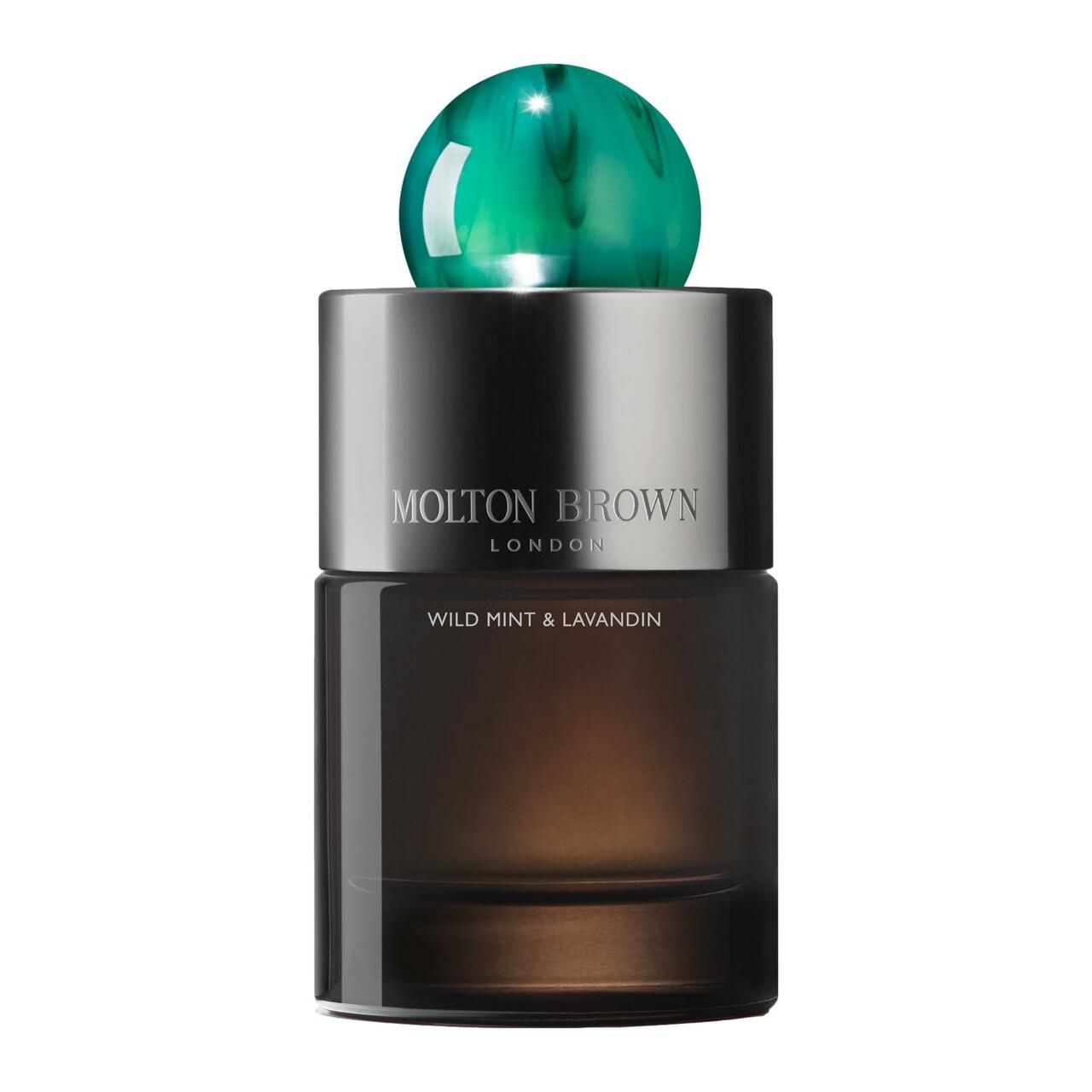 Dunkelbraune Glasflasche mit silbernem Deckel und grünem Verschluss. Aufschrift: Molton Brown, Wild Mint & Lavandin.