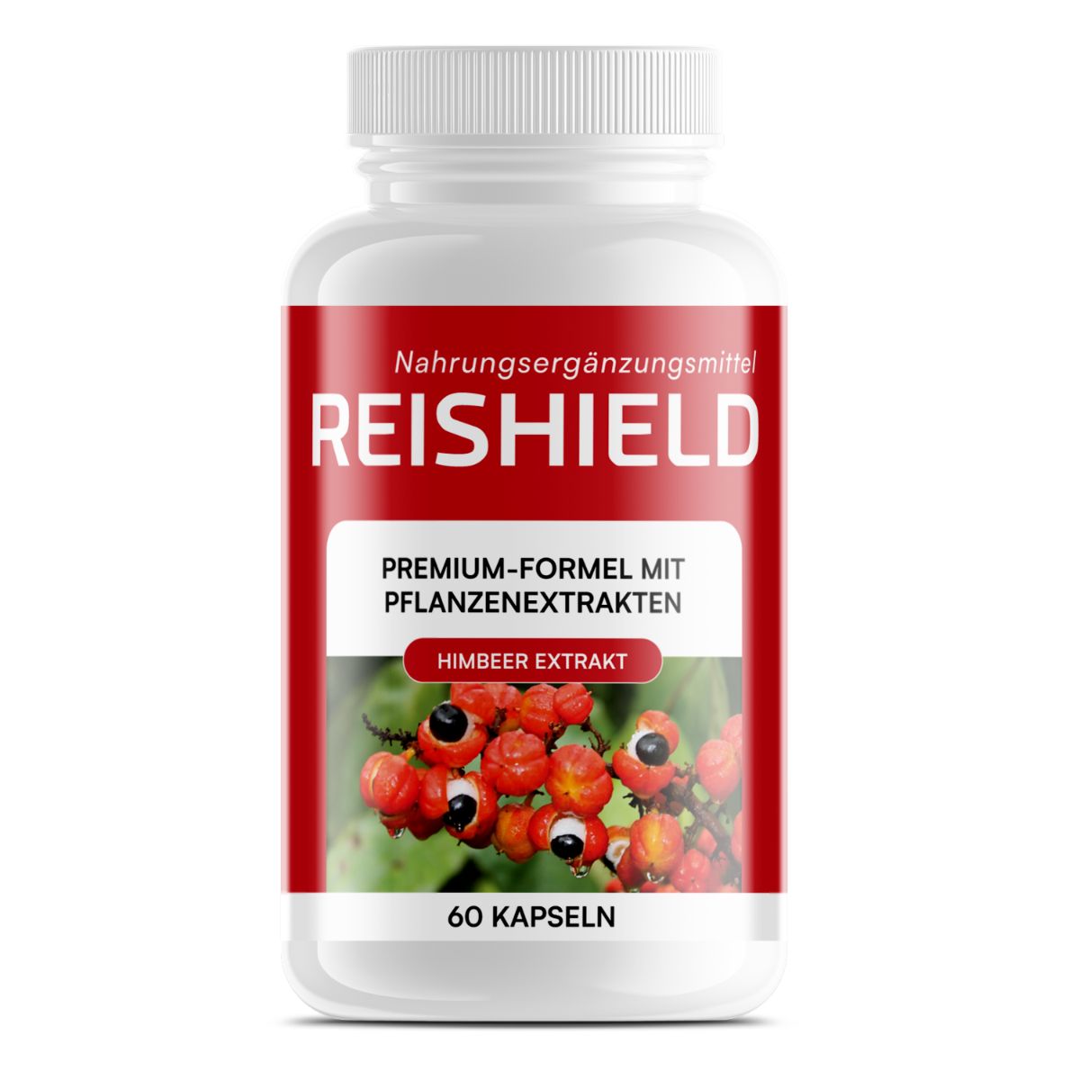 Eine Flasche Reishield Nahrungsergänzungsmittel mit Himbeerextrakt und Pflanzenextrakten, 60 Kapseln.