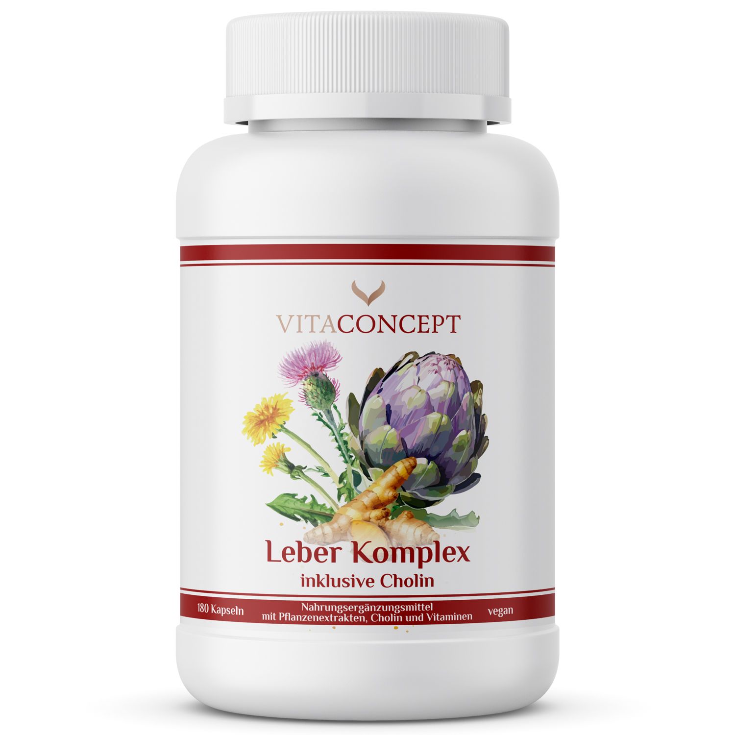 Weiße Flasche mit rotem Etikett. Aufschrift: VITACONCEPT Leber Komplex inklusive Cholin. Abbildung von Pflanzen. 180 Kapseln.