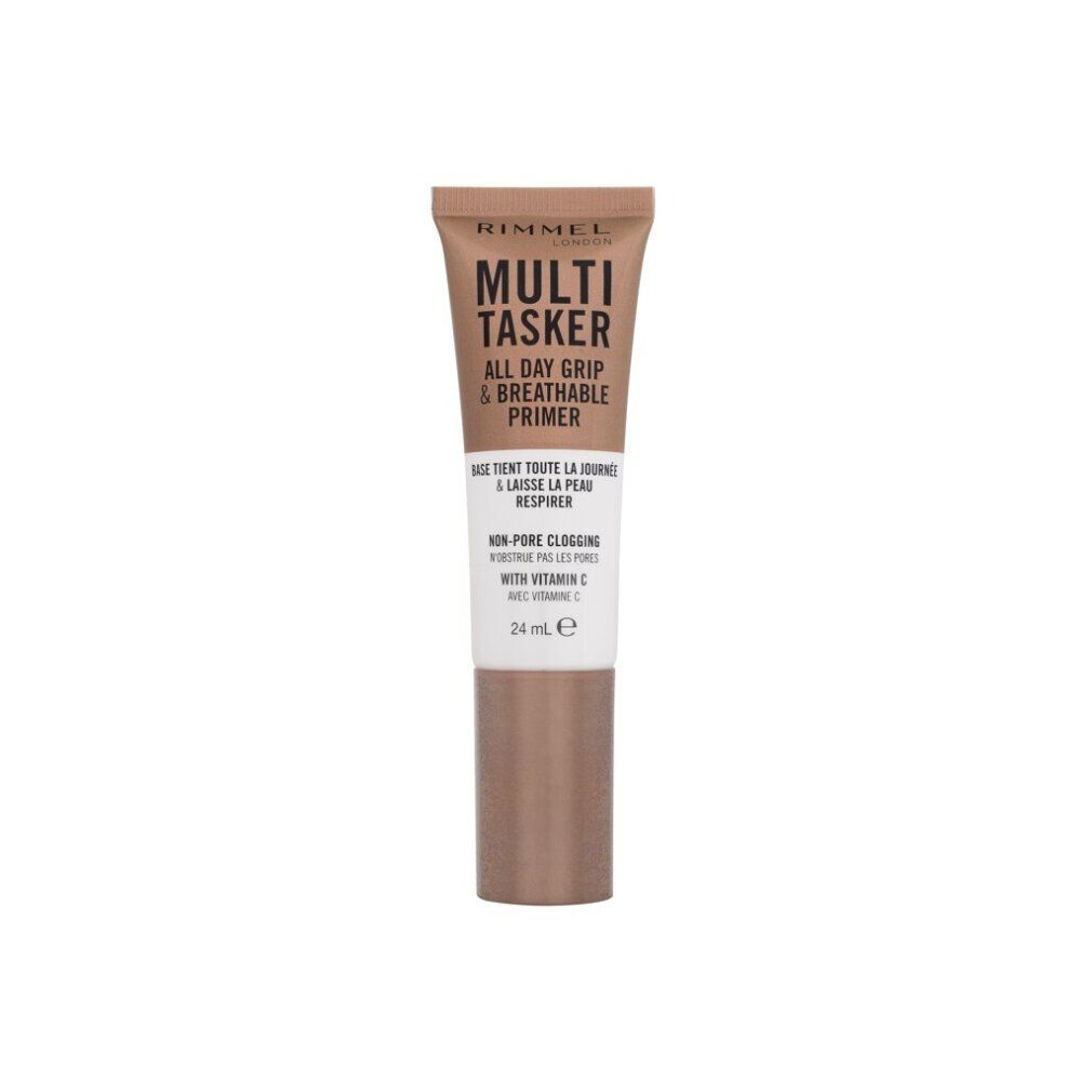 Rimmel London Multi Tasker Primer. Tube mit braunem Deckel und Schriftzug. Enthält Text in Englisch und Französisch. 24 ml.